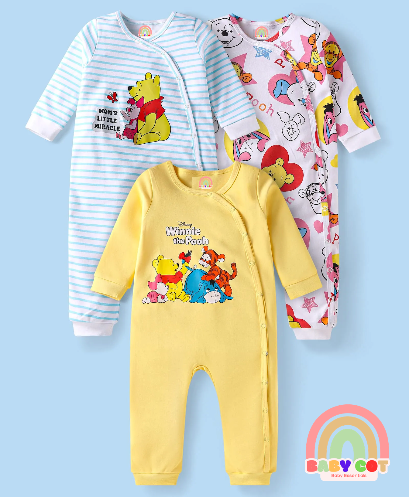Interlock Knit Full Sleeves Rompers With Printed Graphics Pack of 3 - Yellow White & Blue