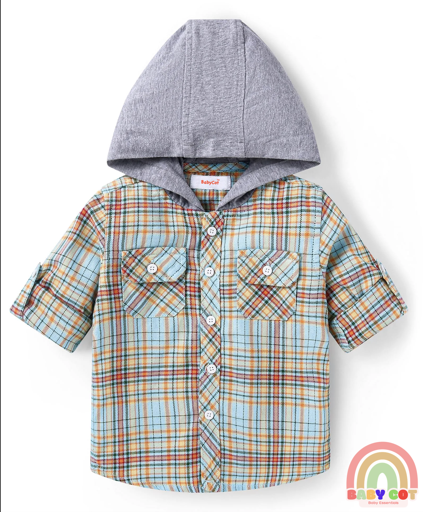 Cotton Woven Full Sleeves Hooded Shirt With Checks - Light Blue