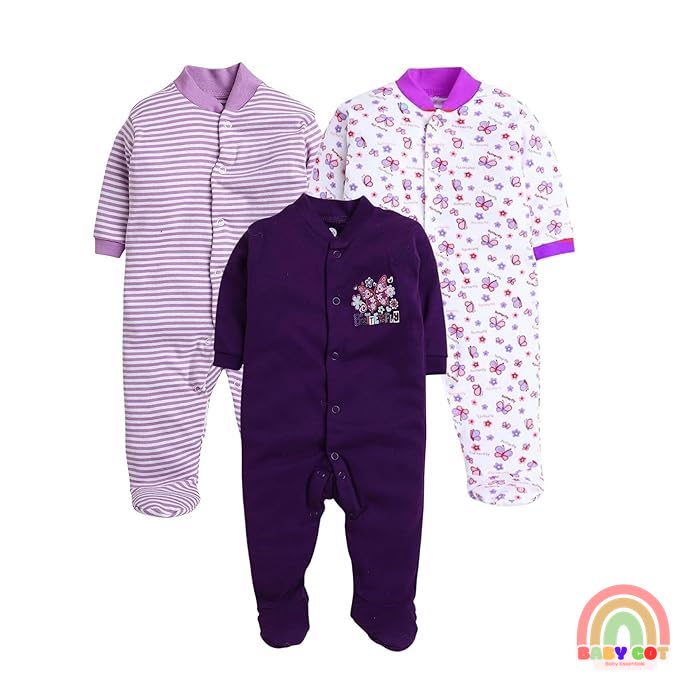 100% Cotton Purple Rompers Sleepsuits Jumpsuit Night Suits for Infants Newborn Baby Boys & Girls