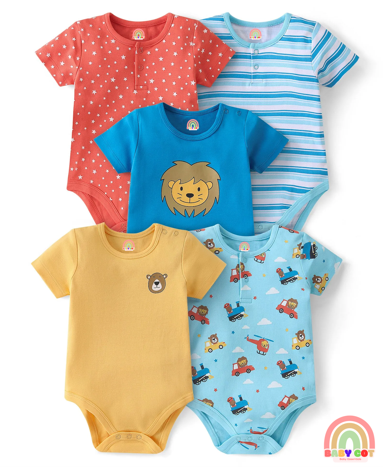100% Cotton Knit Half Sleeves Striped & Lion Printed Onesies Pack of 5 - Multicolour