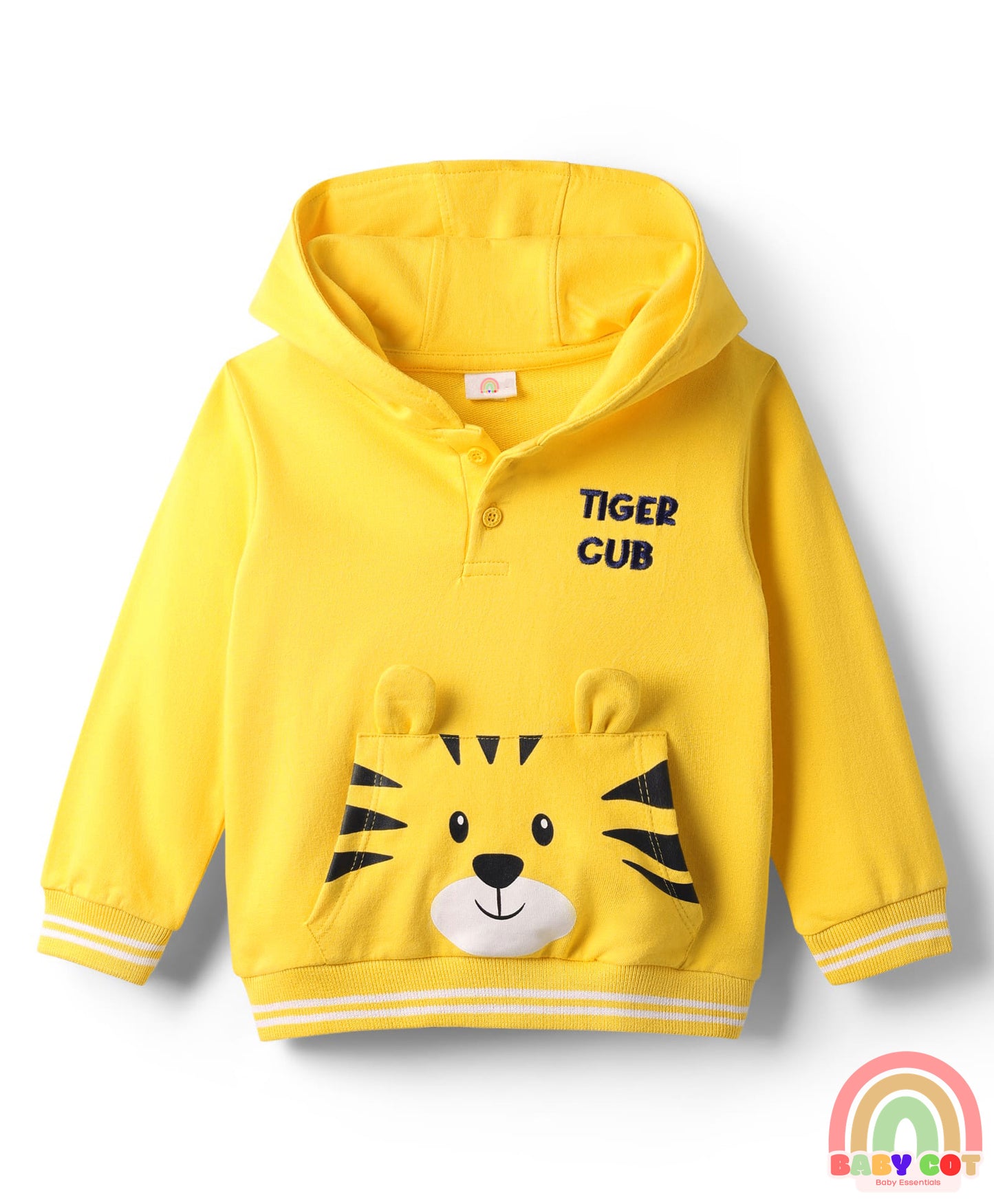 Cotton Knit Full Sleeves Hooded Sweatshirt with Tiger Print & Kangaroo Pocket - Yellow