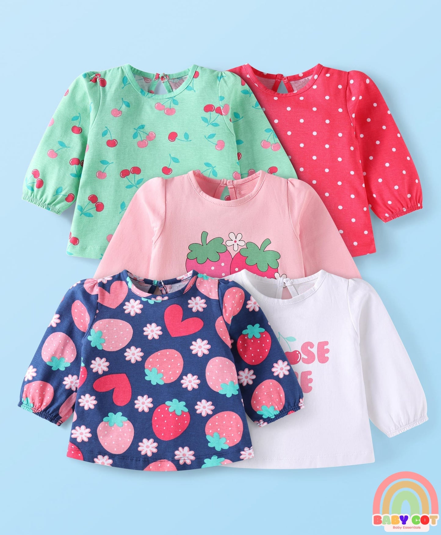 Cotton Knit Full Sleeves T-Shirts With Fruit & Polka Dot Print Pack of 5 - Multi Colour
