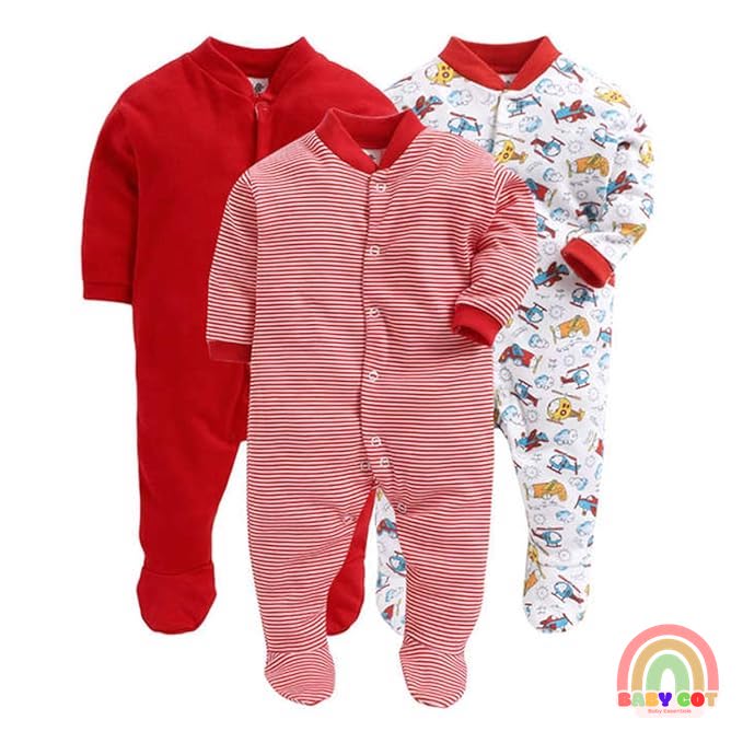 100% Cotton Red Rompers Sleepsuits Jumpsuit Night Suits for Infants Newborn Baby Boys & Girls