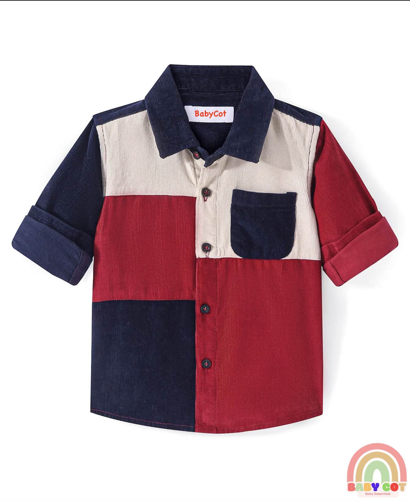 Cotton Woven Full Sleeves Corduroy Shirt With Cut & Sew Design - Dark Red