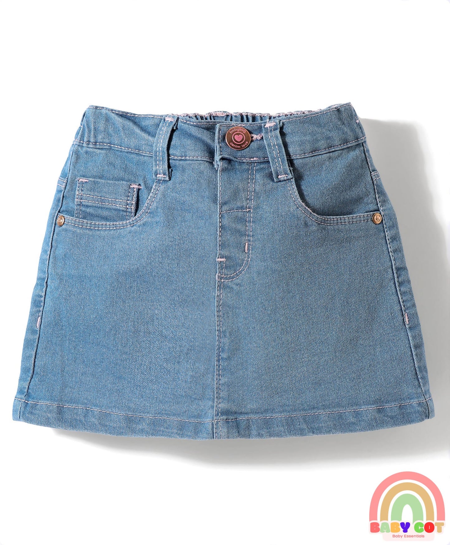 Mid Thigh Denim Washed Skirt With Stretch - Light Blue