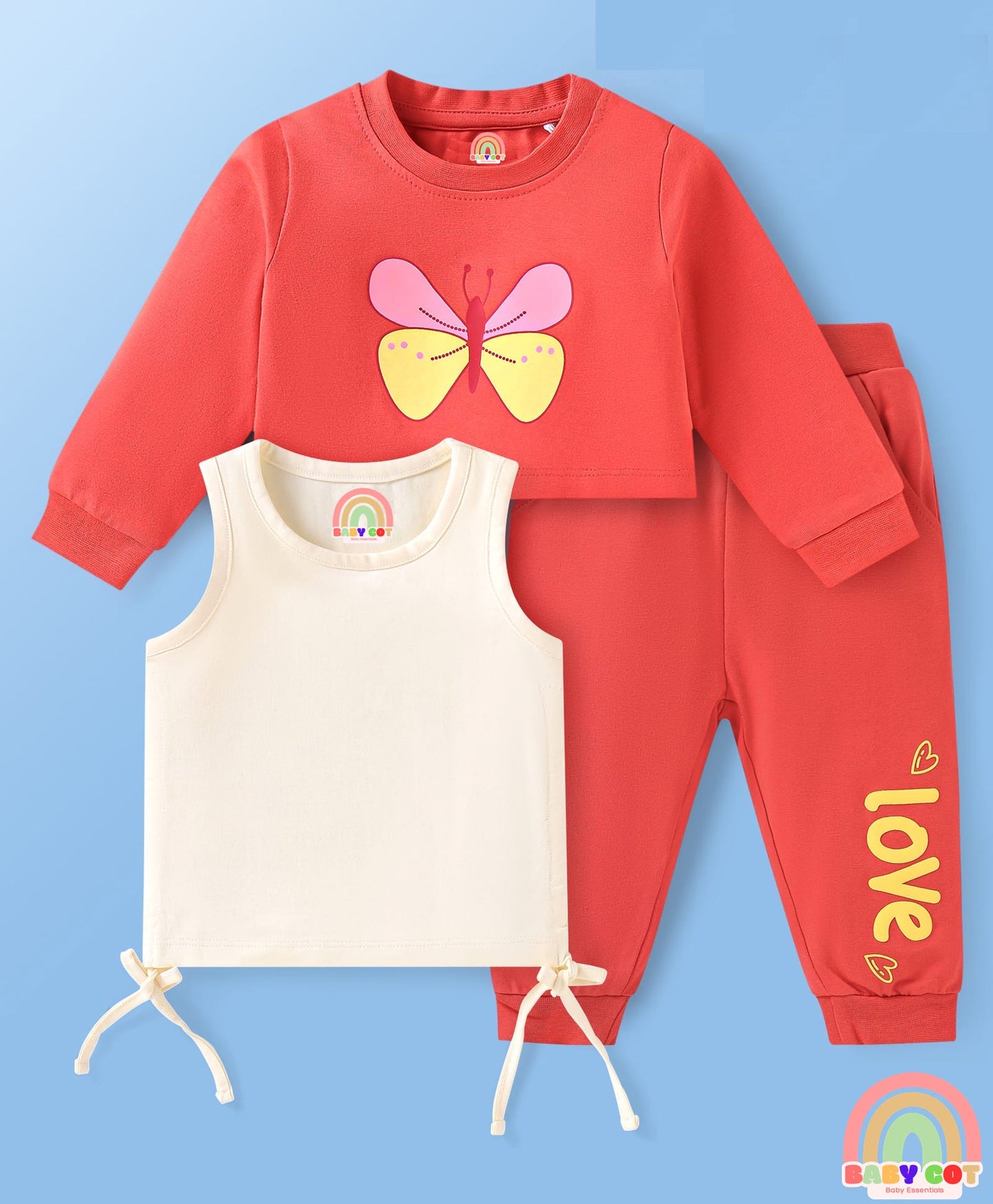 Full Sleeves Butterfly Printed T-Shirt & Lounge Pant Set With Inner Top - Red