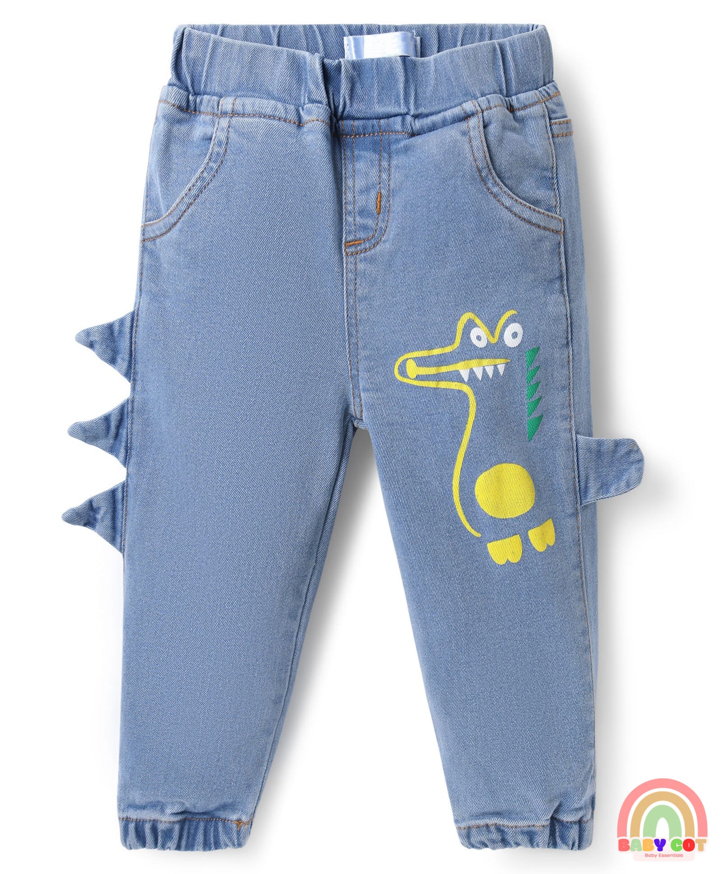Denim Full Length Jeans with Dino Print & Spikes Detailing - Light Blue