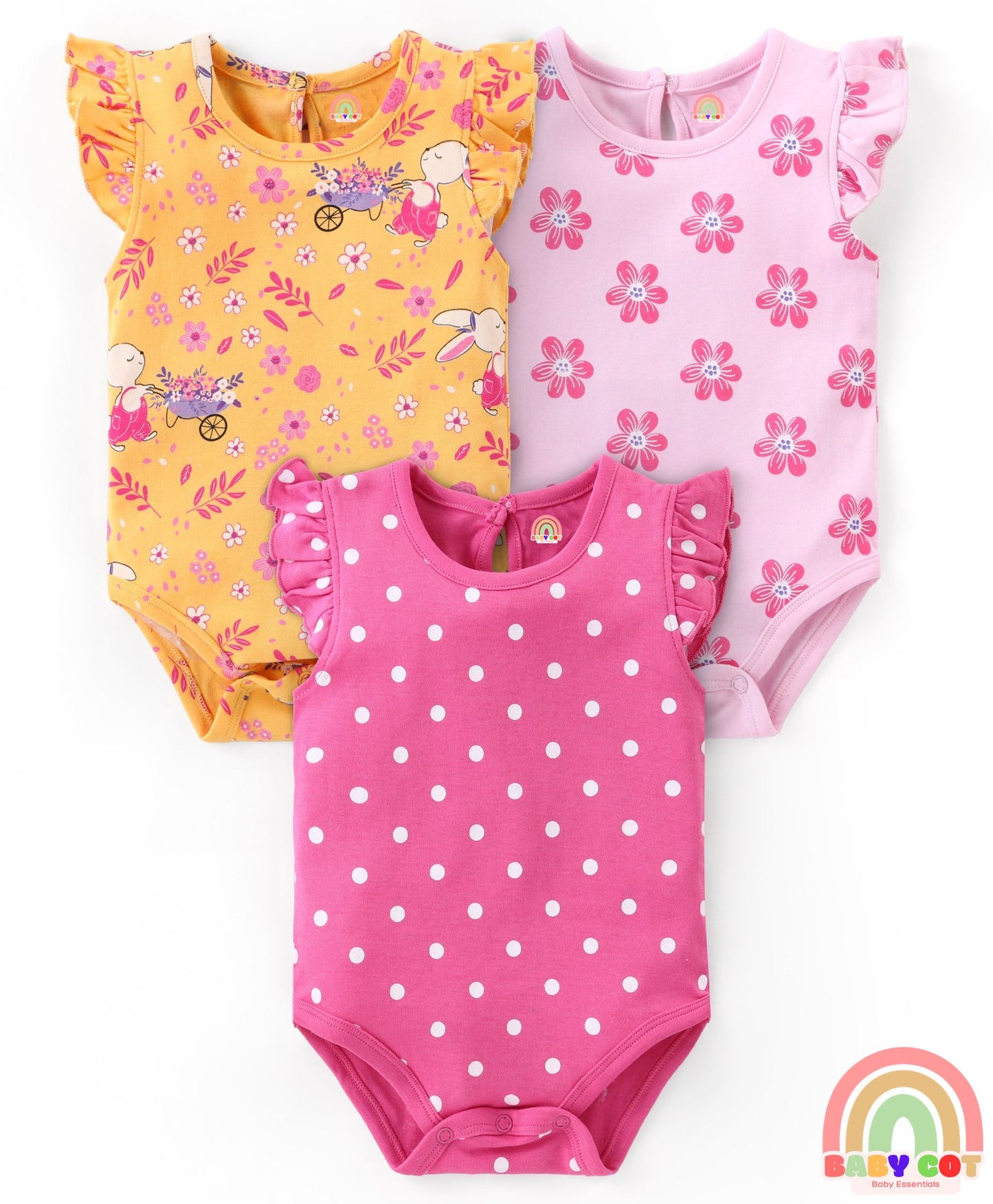 100% Cotton Knit Frill Sleeves Onesies with Floral & Polka Dot Print Pack of 3 - Multicolour