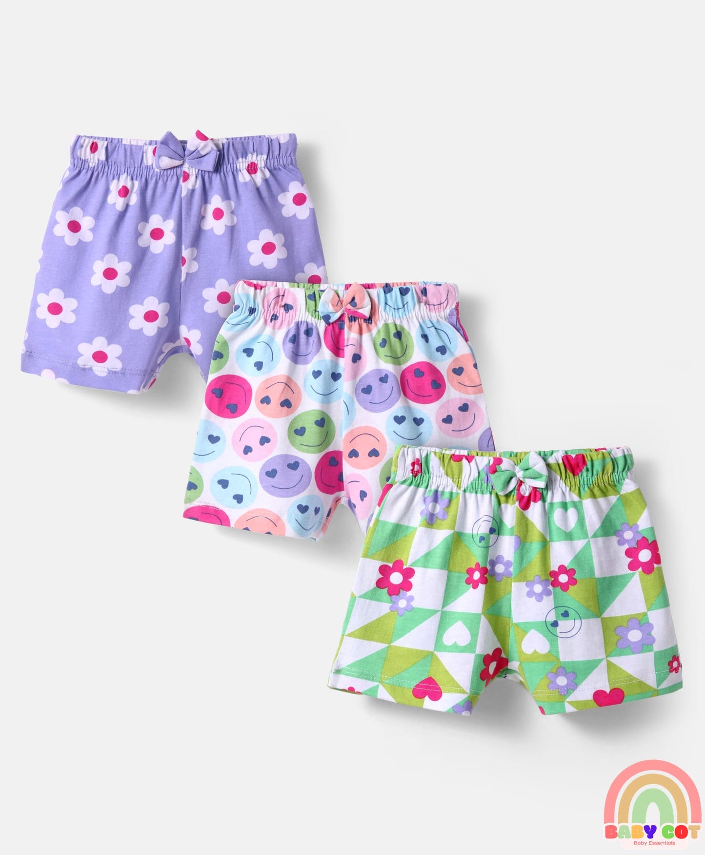 Cotton Knit Mid Thigh Length Shorts with Floral & Smiley Print & Bow Applique Pack of 3 - White Green & Lavender