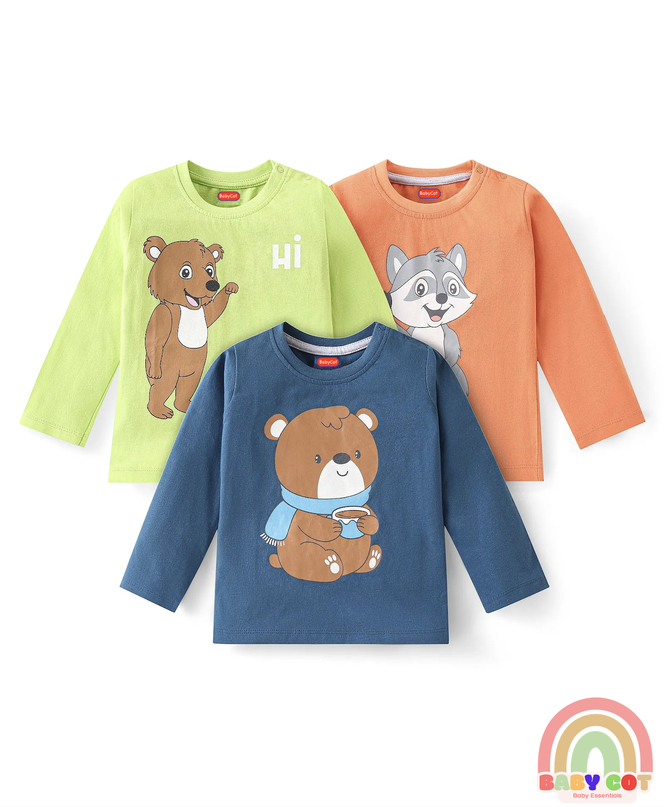 Cotton Knit Full Sleeves T-Shirt with Animal Print Pack of 3 - Blue Green & Orange