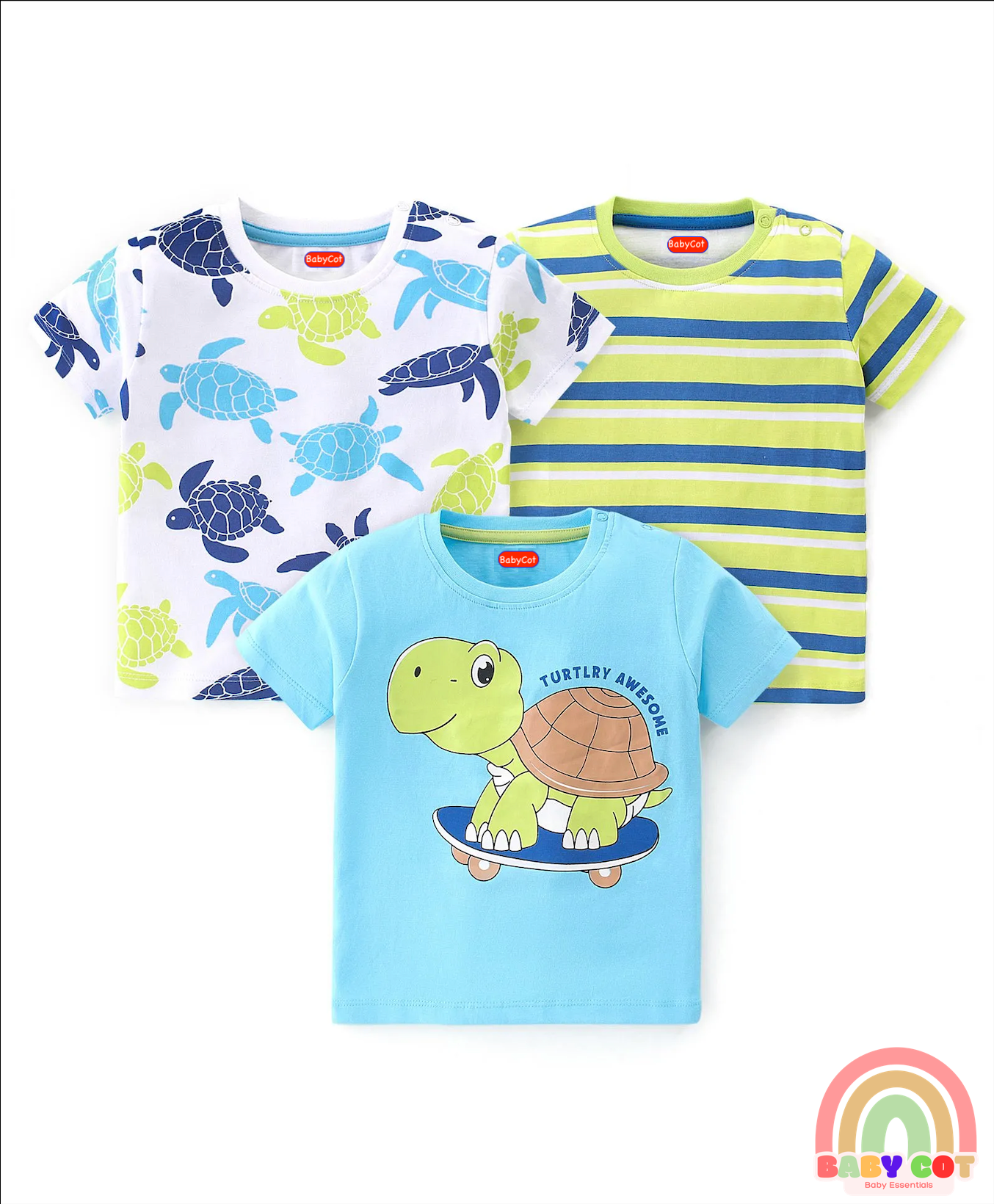Cotton Knit Half Sleeves Striped T-Shirts Turtle Print Pack of 3 - Multicolour