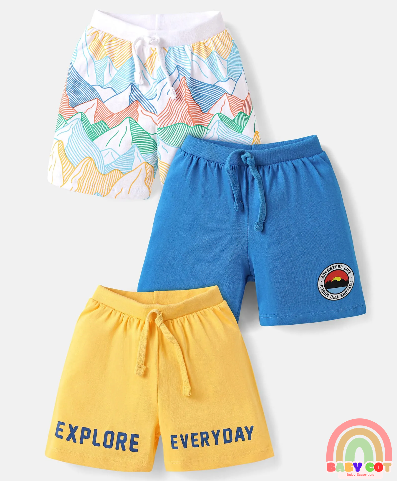 Single Jersey Knit Shorts with Explore Theme & Text Print Pack of 3 - Yellow Blue & White