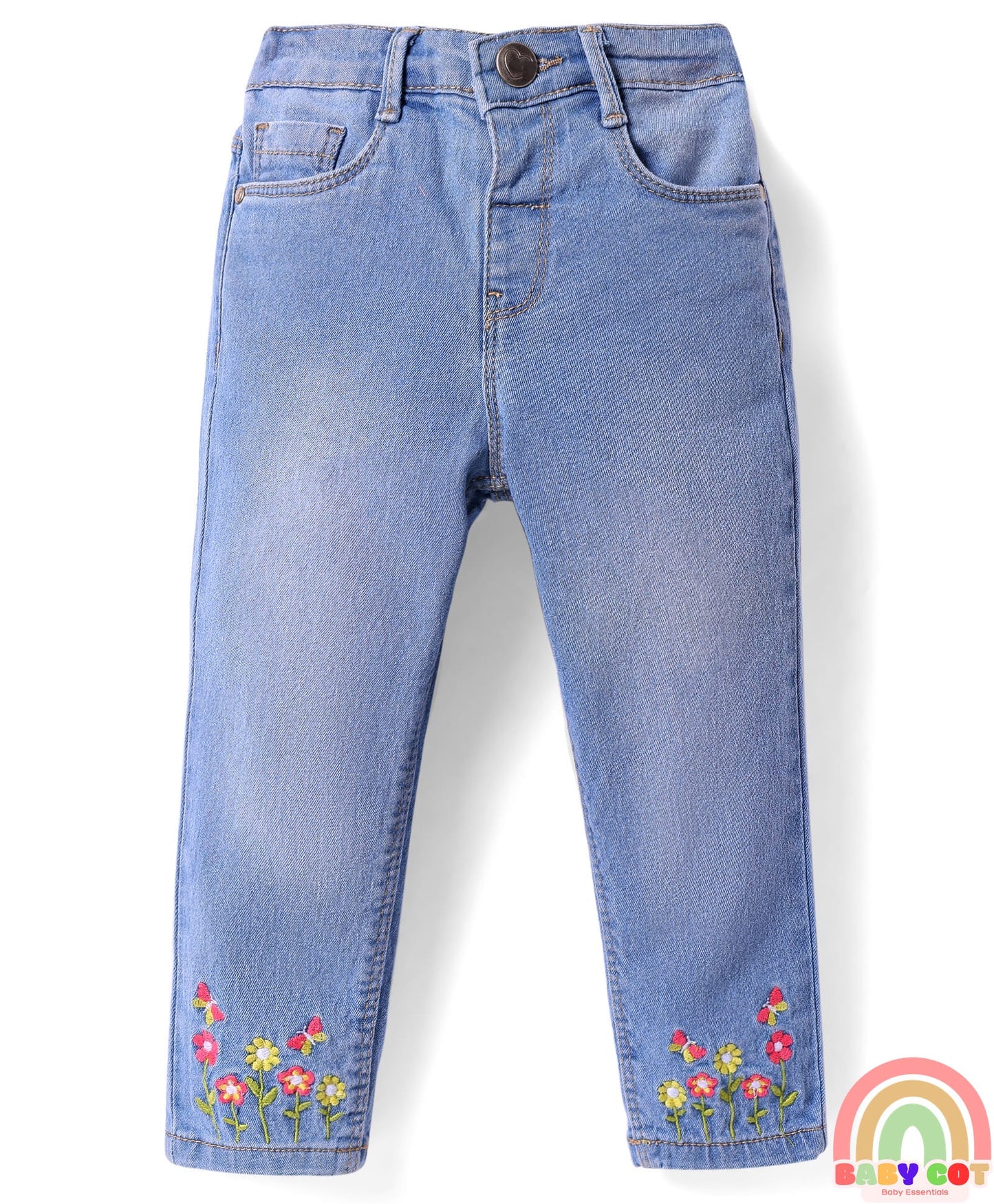 Denim Full Length Washed Stretch Jeans With Floral Embroidery - Blue