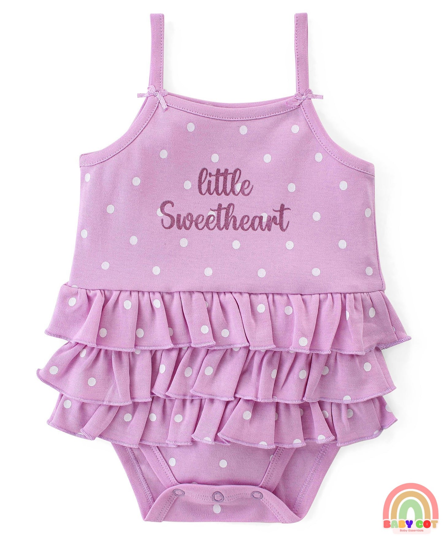 100% Cotton Knit Sleeveless Frock Style Onesie Text & Polka Dots Print - Lilac