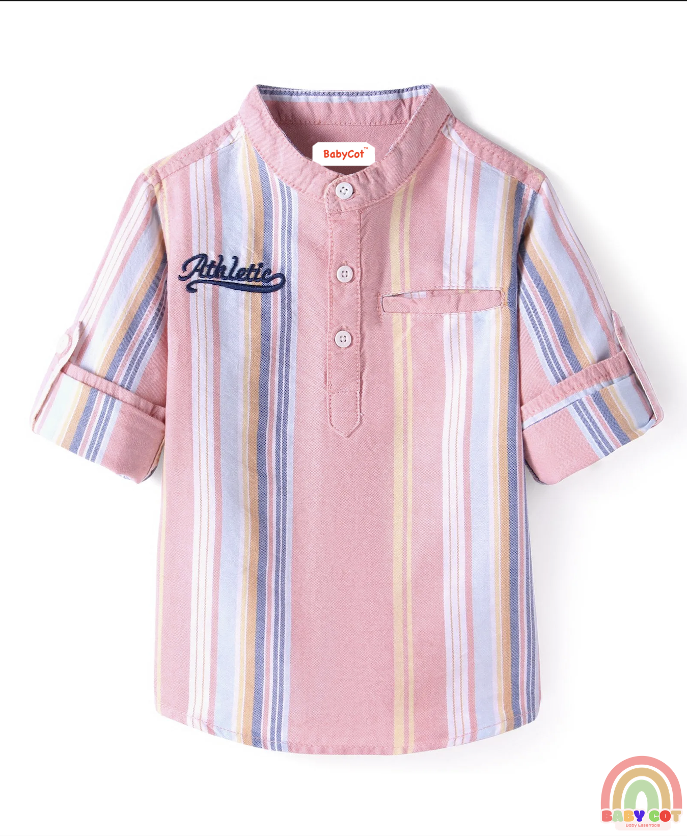 Cotton Woven Full Sleeves Mandarin Collar Stripe Kurta Shirt- Pink