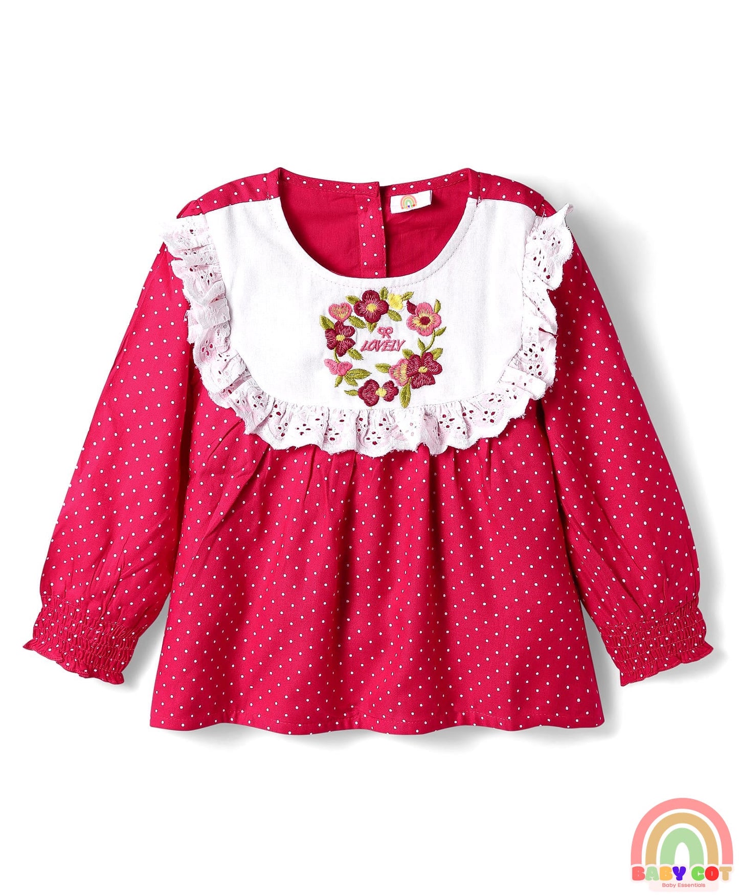 Woven Full Sleeves Rayon Top With Frill Detailing & Floral Embroidery - Dark Pink
