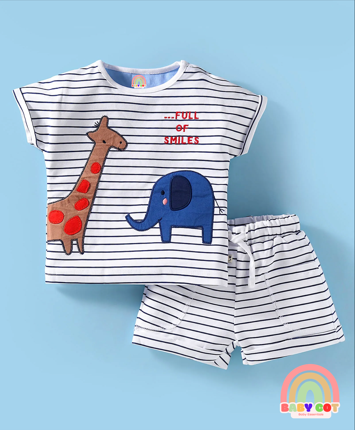 Interlock Knit Half Sleeves Striped T-Shirt & Shorts Set With Animal Print - White