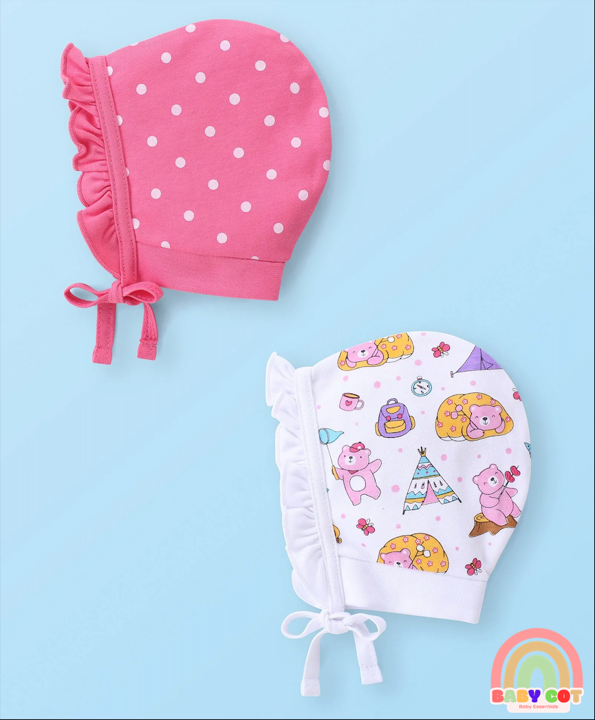 100% Cotton Cap with Knot Polka Dot & Bear Print Pack of 2 - Pink