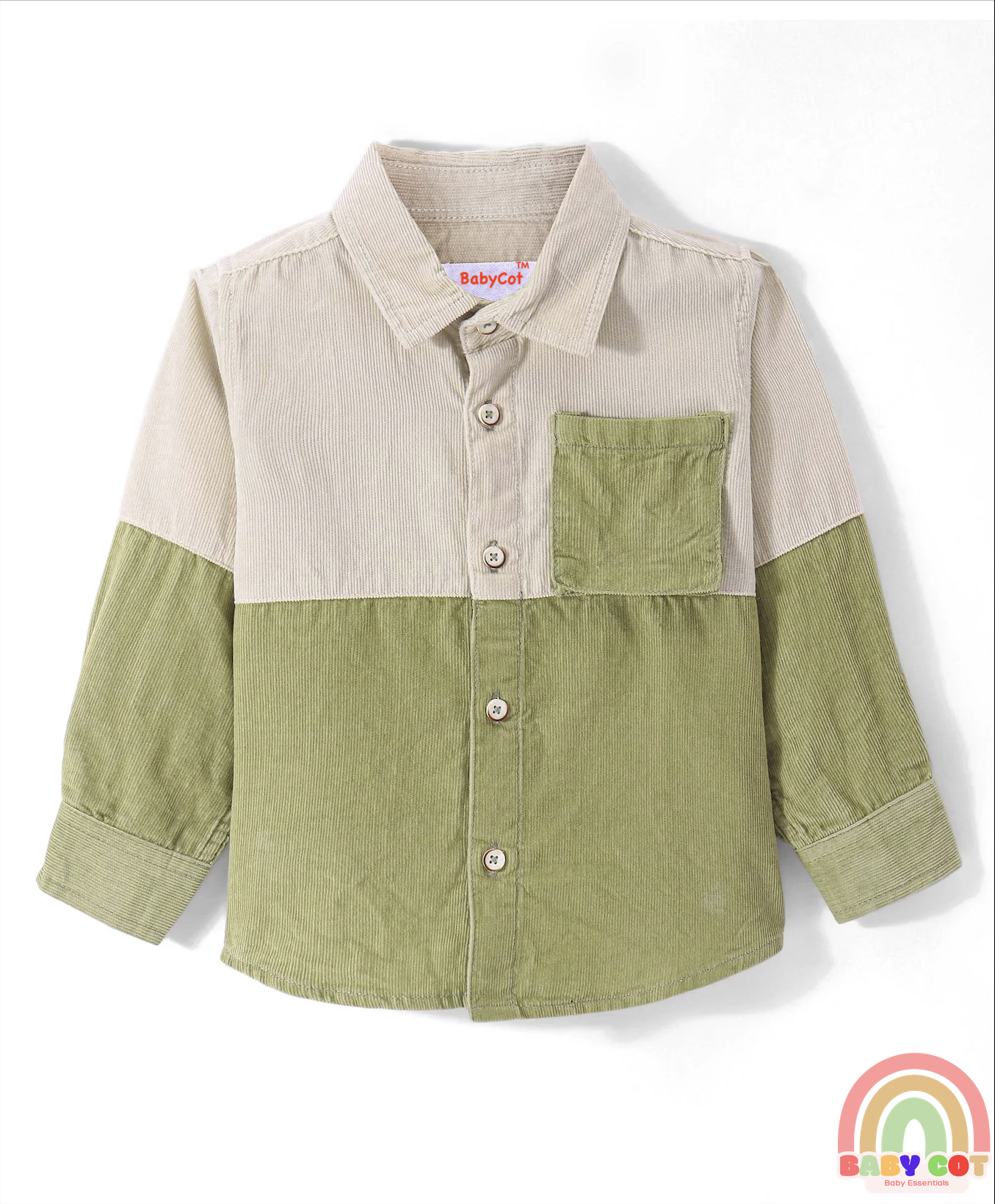 Cotton Woven Full Sleeves Colour Block Courdroy Shirt - Olive Green & White