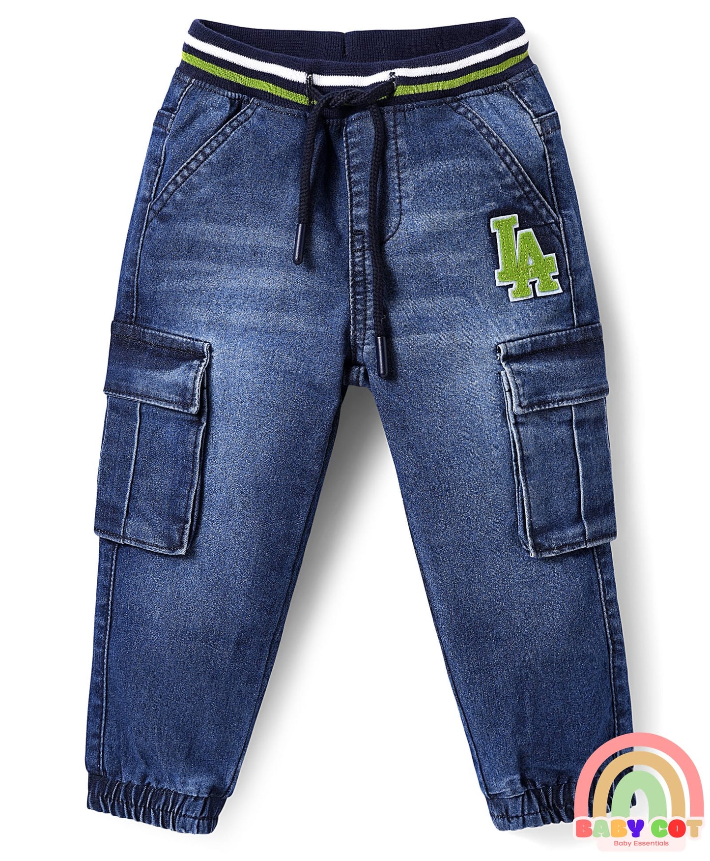 Full Length Washed Denim Jeans with Stretch & Patch Detailing - Blue