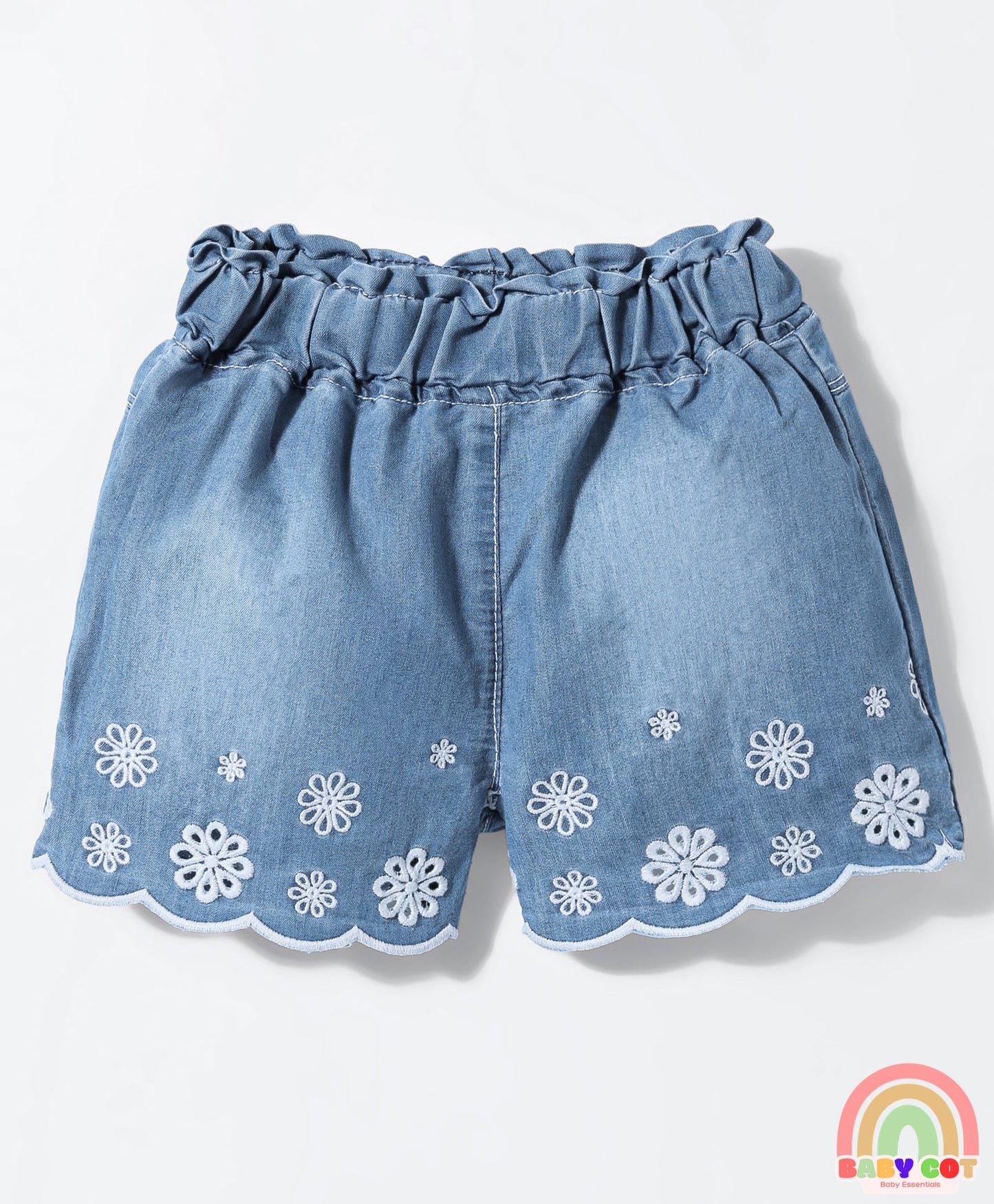 Woven Knee Length Denim Shorts With Floral Embroidery & Adjustable Elastic - Light Blue