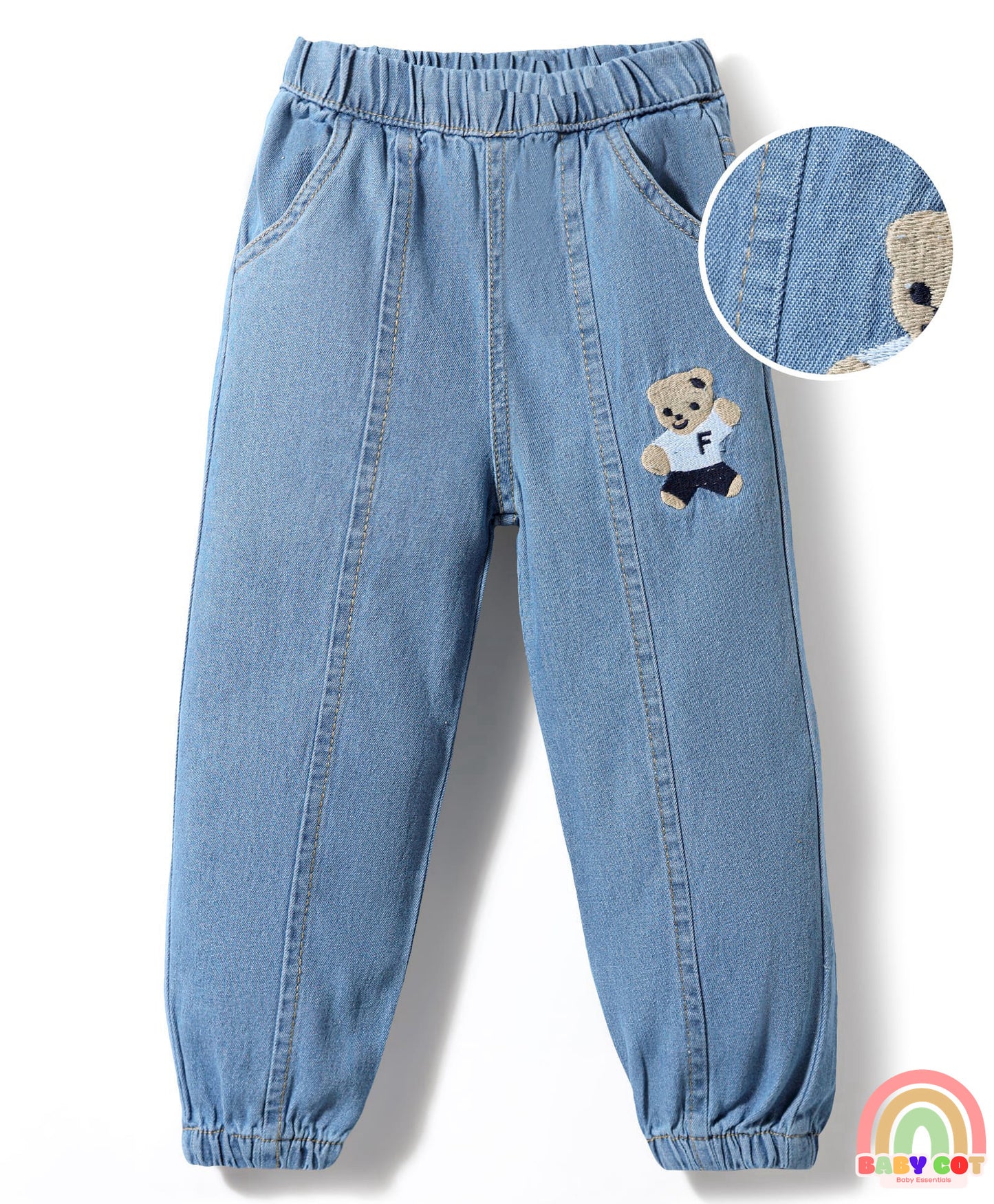 Cut & Sew Denim Full Length With Embroidery Detailing - Light Blue