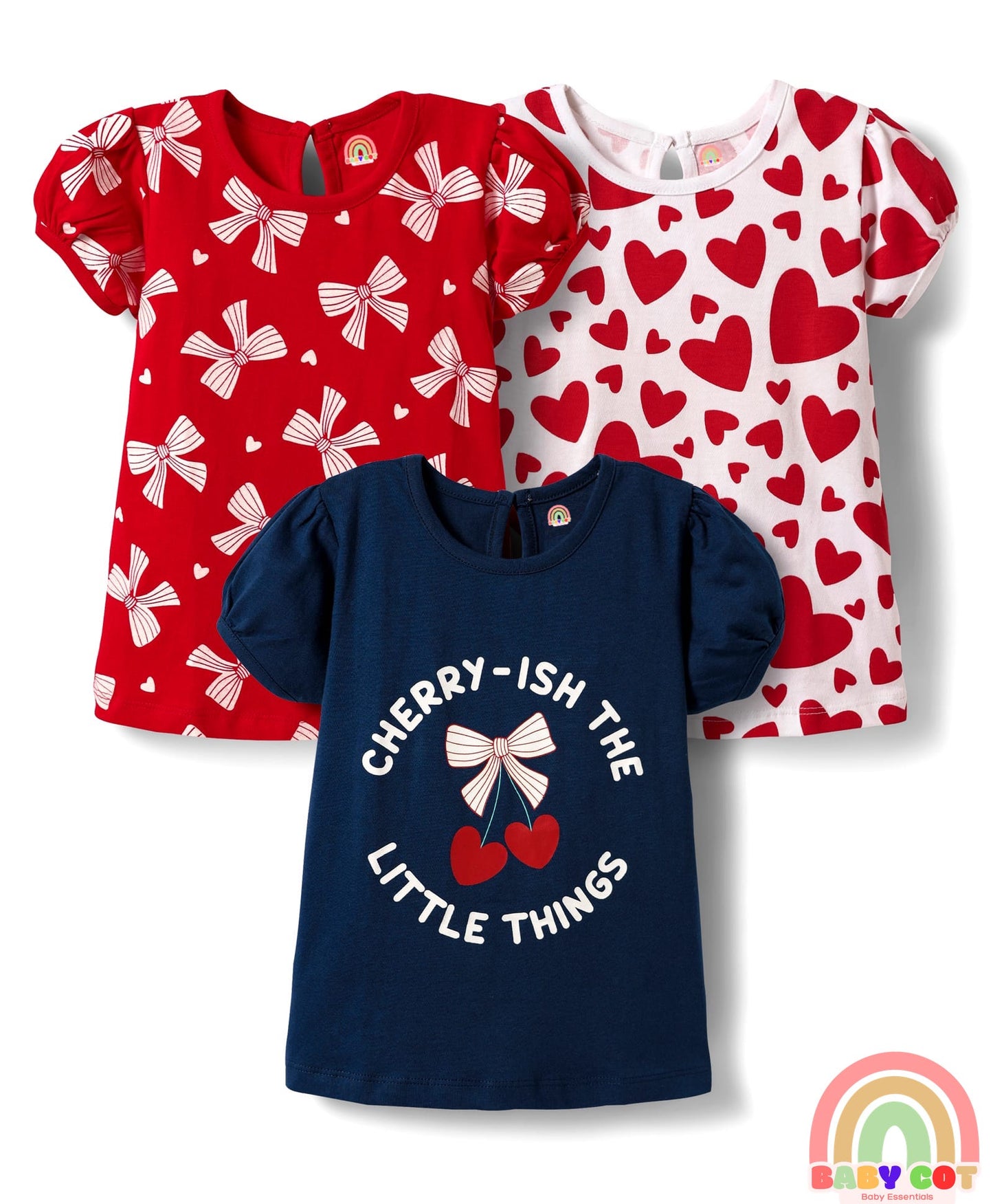 Cotton Knit Half Puffed Sleeves T-Shirts with Bow & Heart Print Pack of 3 - Red White & Navy Blue