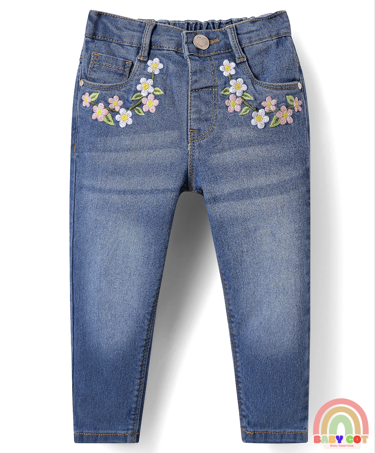 Full Length Washed Denim Jeans with Stretch & Floral Embroidery - Blue