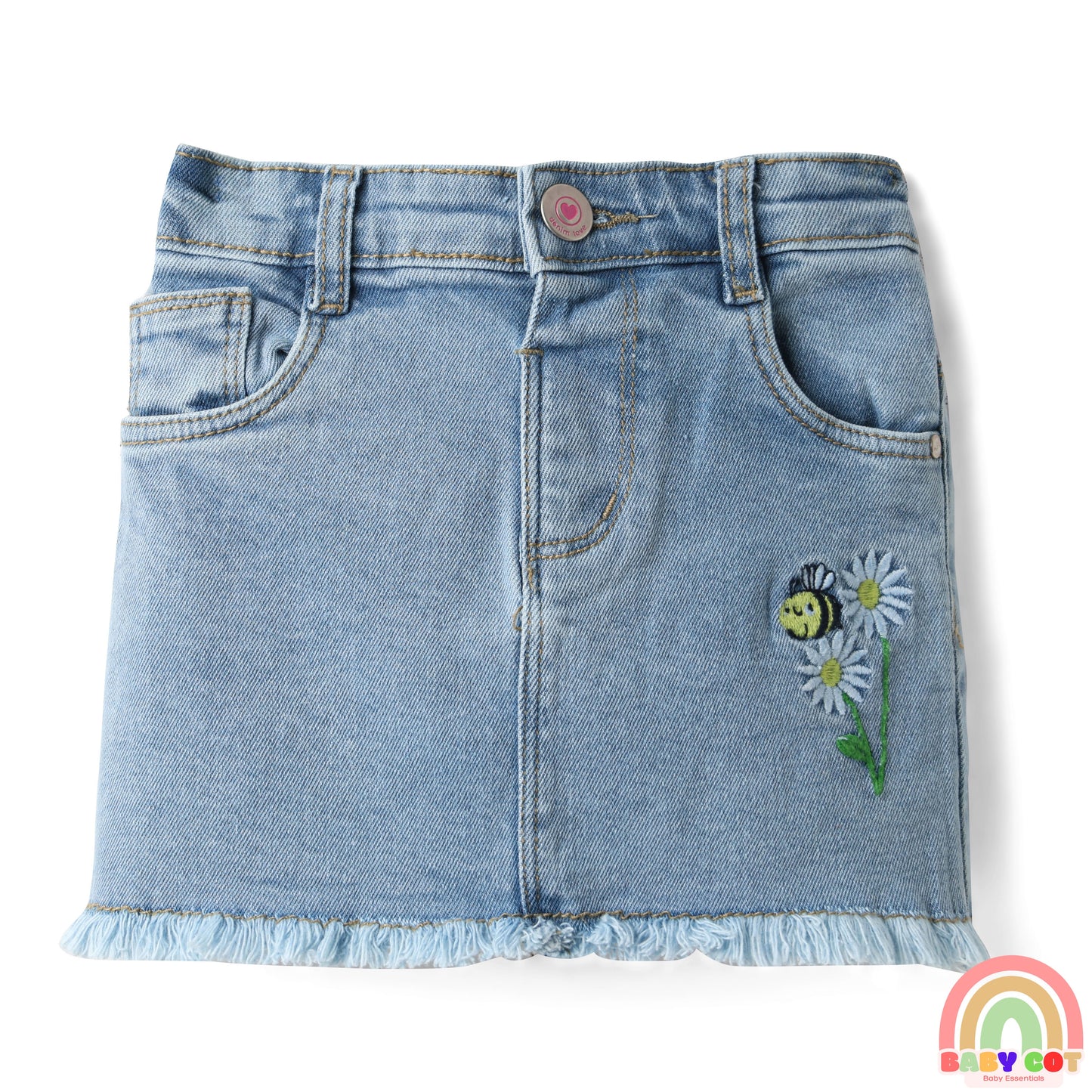 Denim Mid Thigh Washed Skirts With Floral & Bee Embroidery - Light Blue