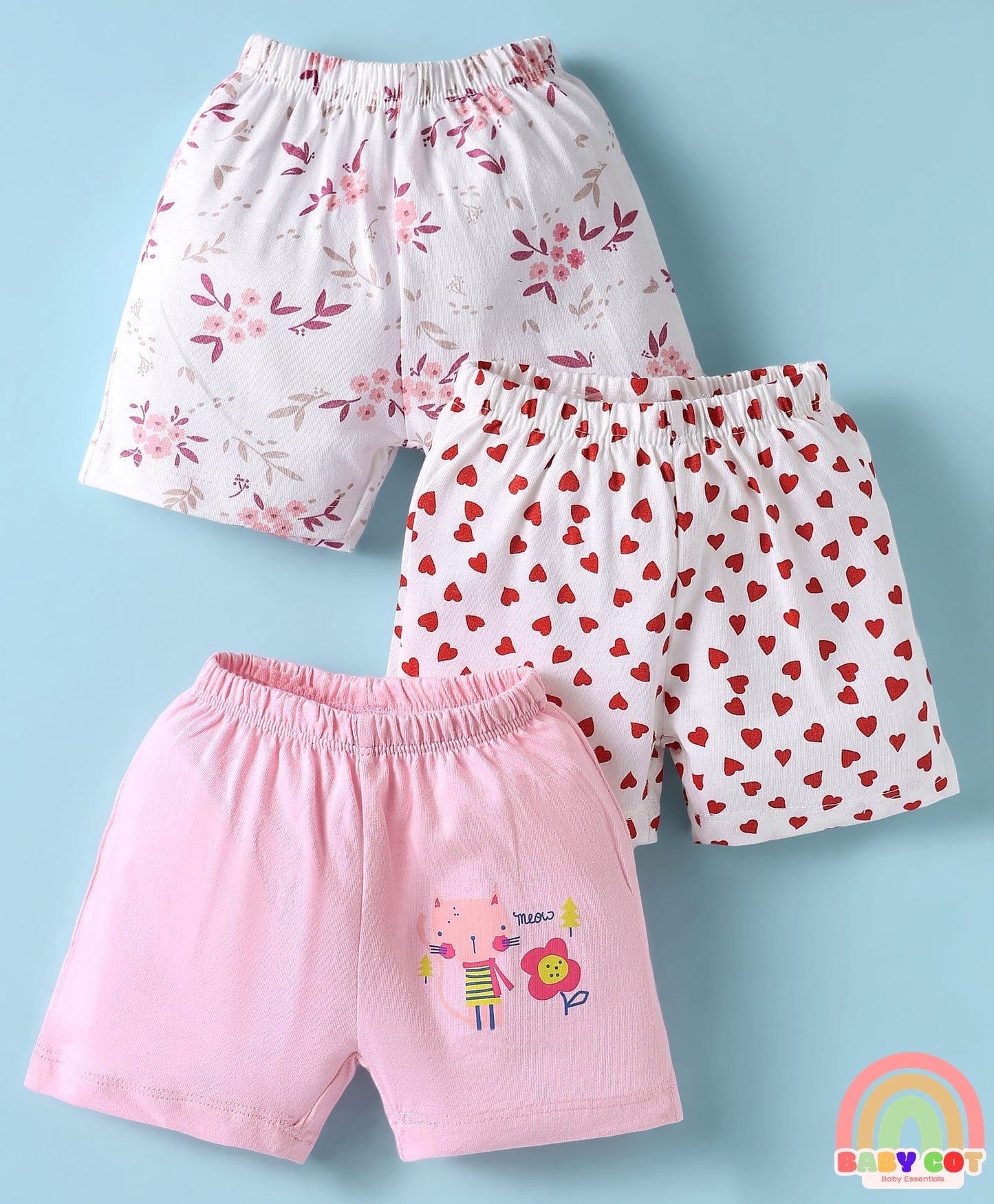 Single Jersey Knit Knee Length Shorts With Hearts & Floral Print Pack Of 3 - Red Pink & White