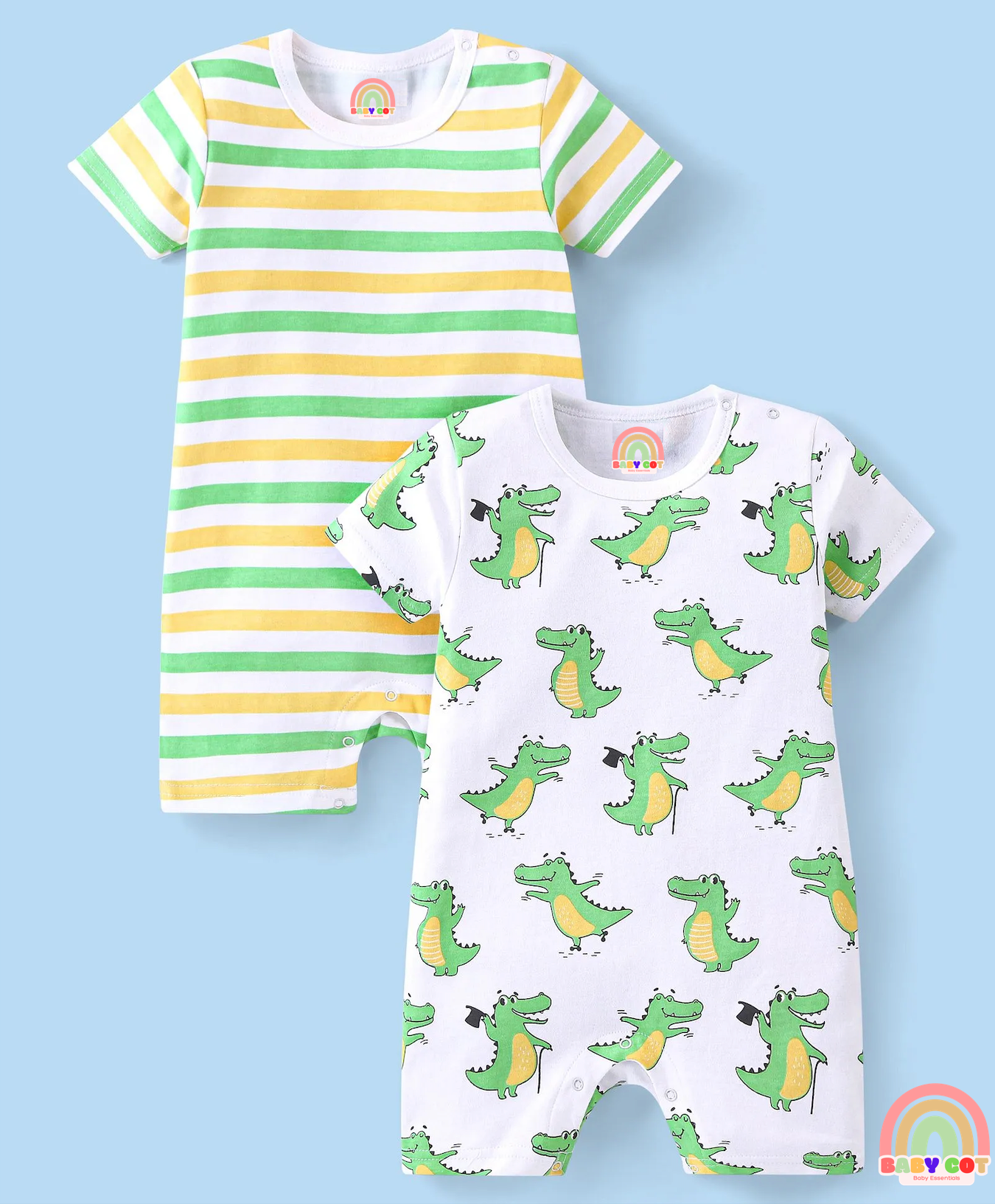 100% Cotton Half Sleeves Rompers Crocodile Print Pack of 2 - Multicolour