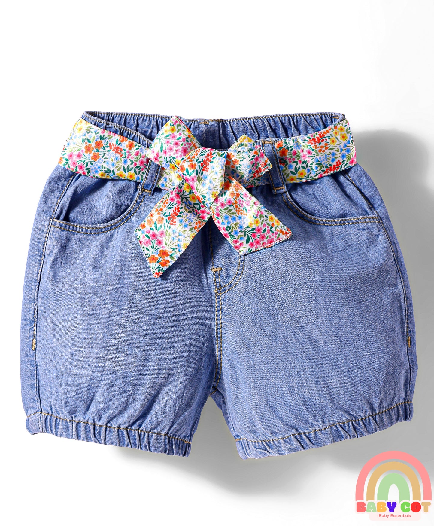 Mid Thigh Washed Denim Shorts With Belt - Blue