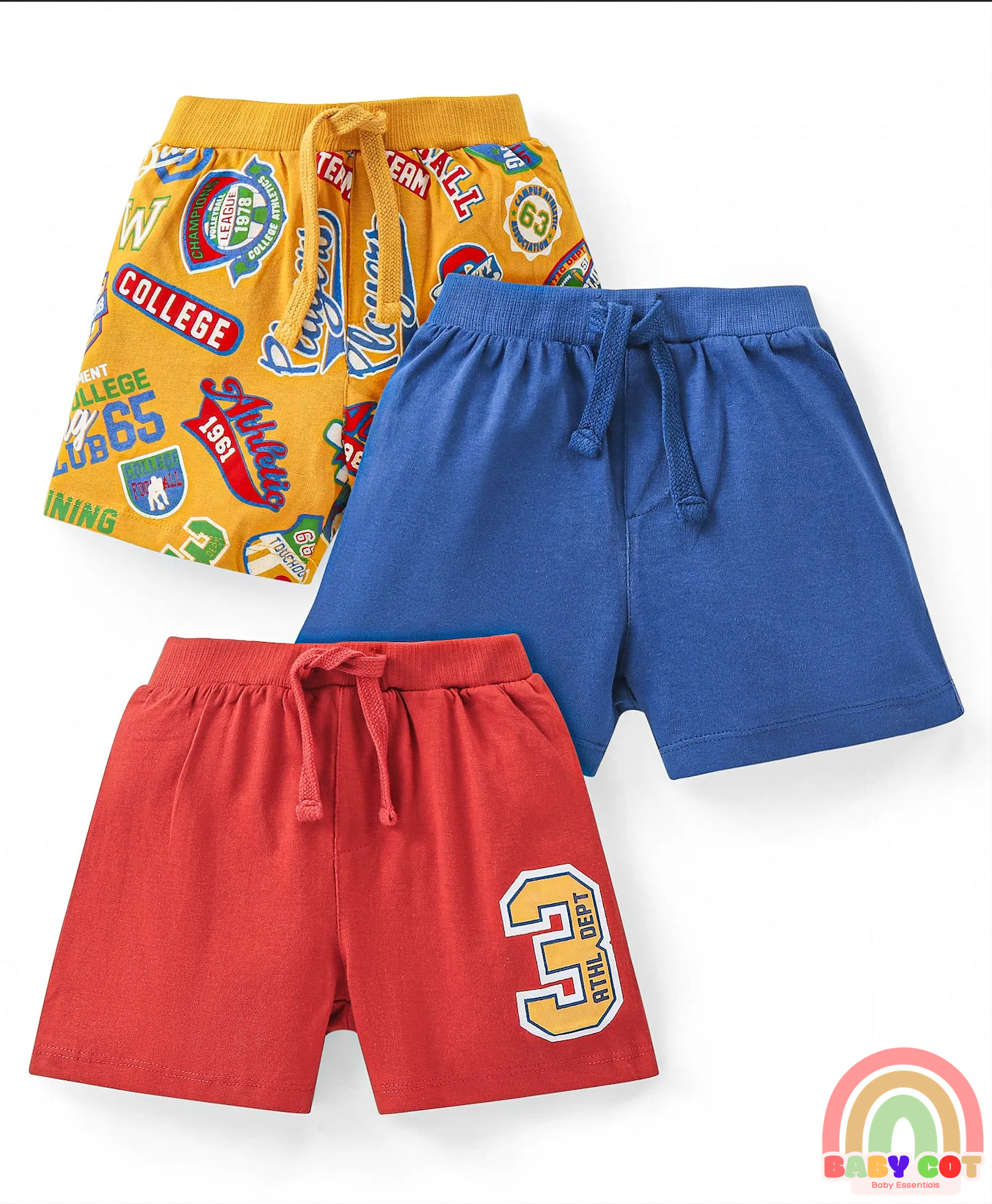 Cotton Knit Shorts with Number & Text Print Pack of 3 - Blue Red & Yellow
