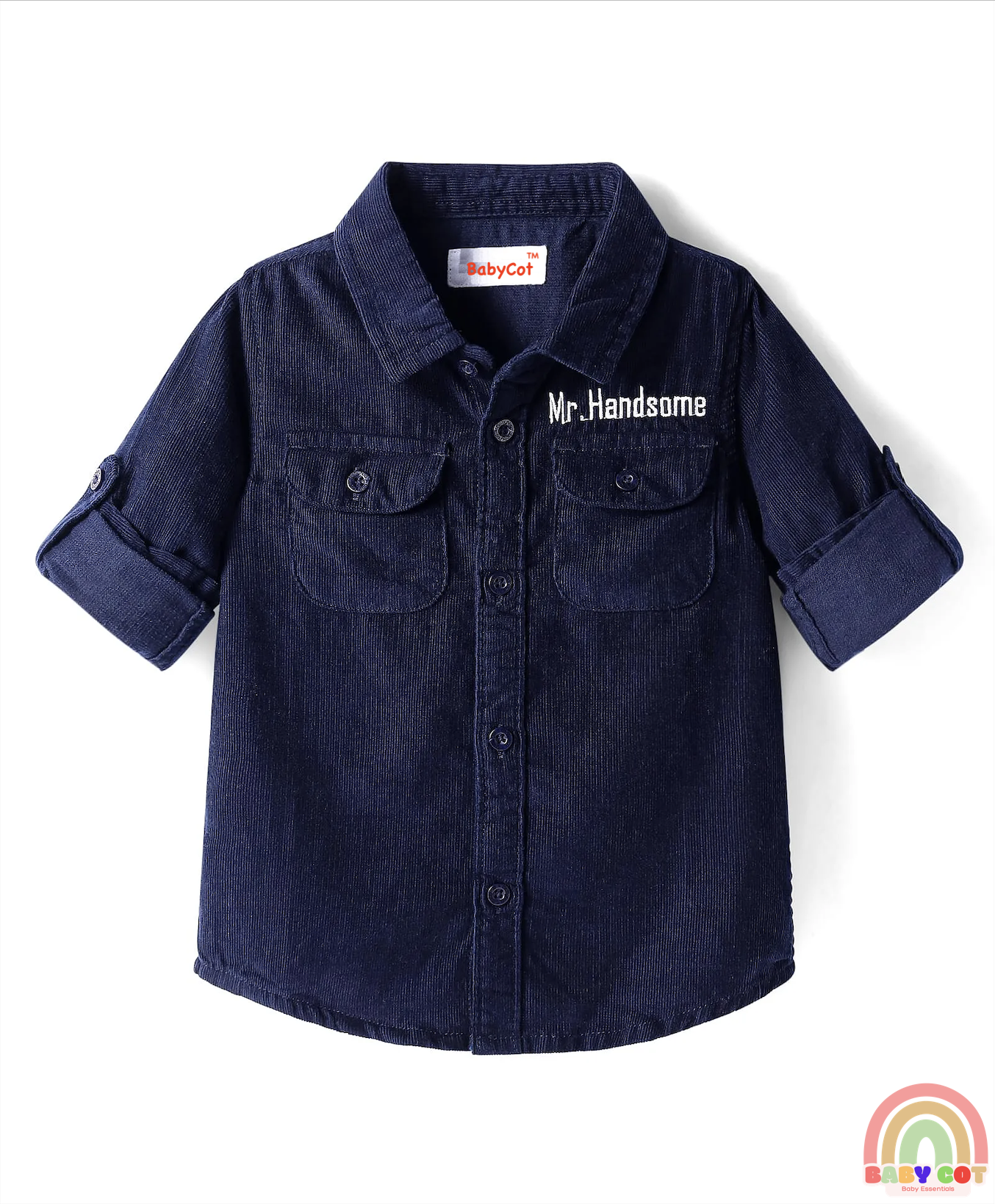 Cotton Woven Full Sleeves Solid Corduroy Shirt with Text Embroidered - Navy Blue