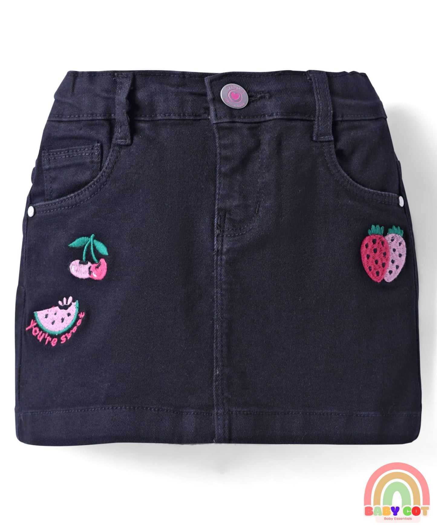 Mid Thigh Length Denim Skirt with Fruit Embroidery - Black