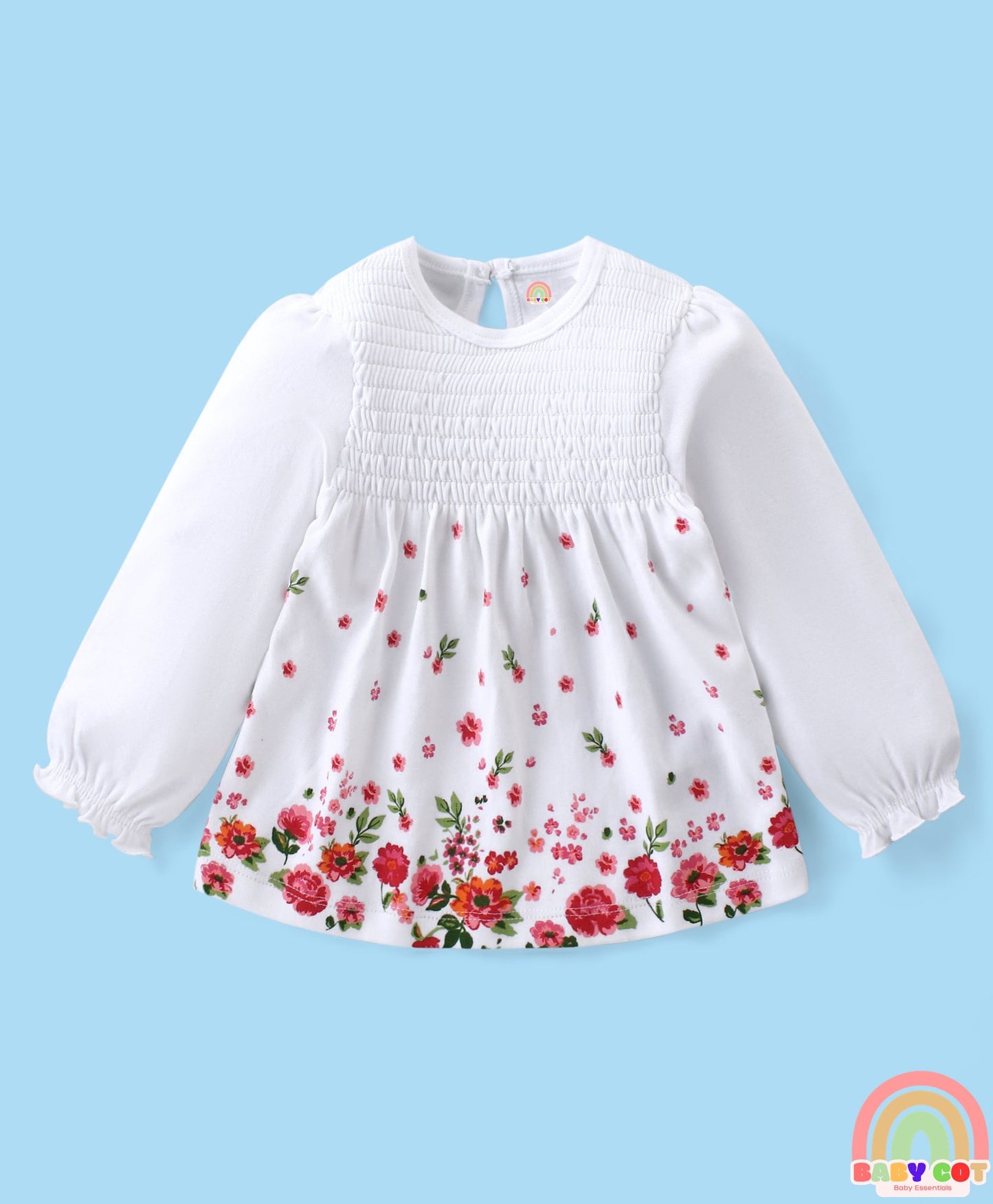 100% Cotton With Eco Jiva Finish Knit Full Sleeves Floral Printed Top & Leggings Set With - Red & White