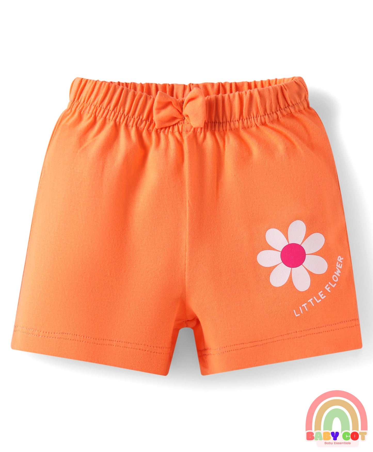 Cotton Knit Mid Thigh Polka Dots & Floral Printed Shorts with Bow Applique Pack of 3 - Navy Blue Pink & Orange