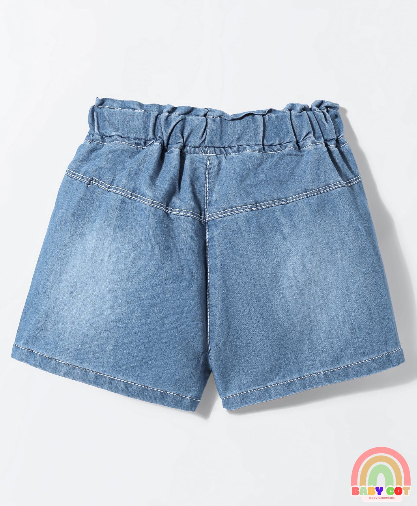 Woven Knee Length Denim Shorts With Floral Embroidery & Adjustable Elastic - Light Blue