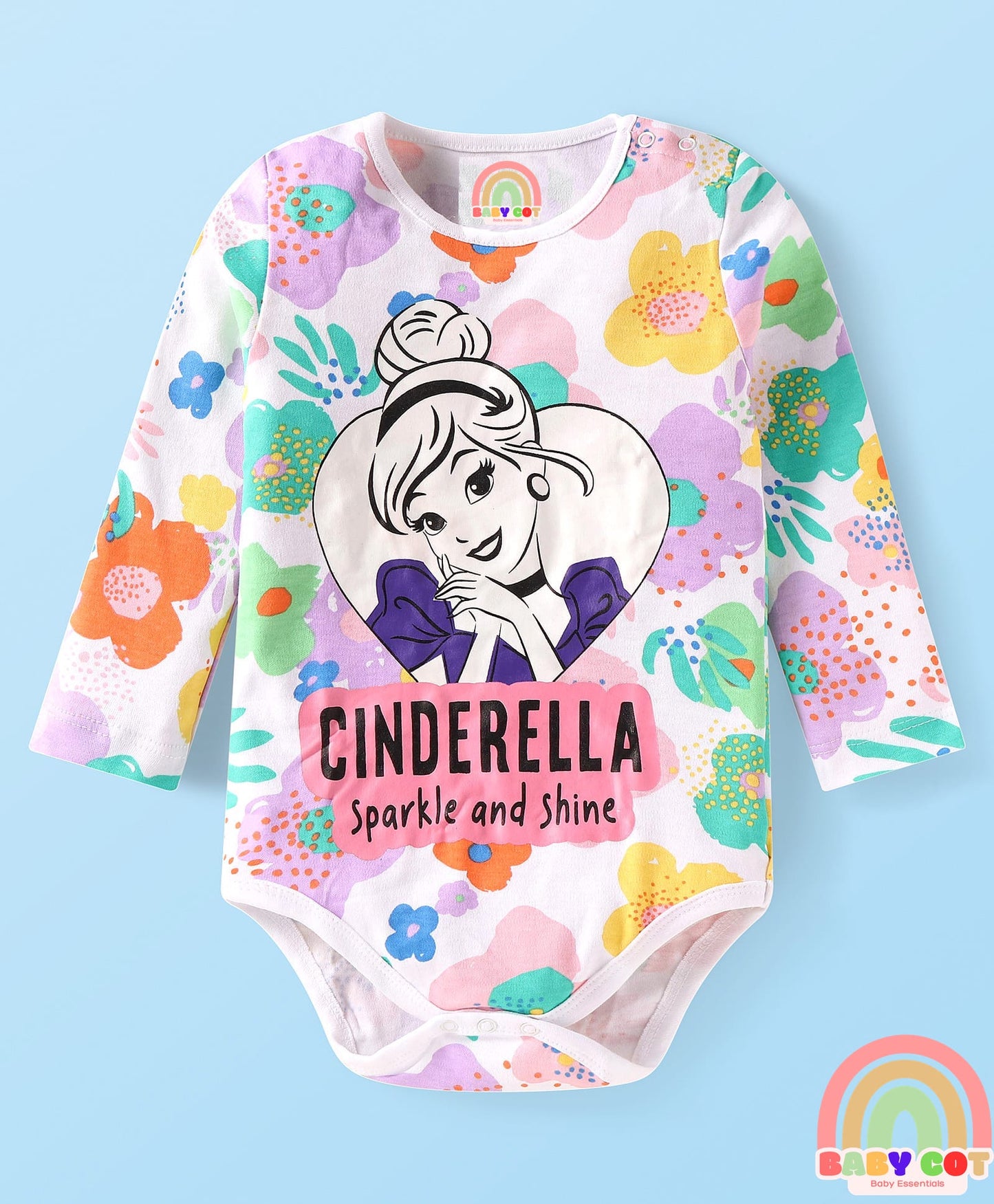 Interlock Knit Full Sleeves Onesies with Disney Princess Graphics Pack of 3- White Pink & Purple