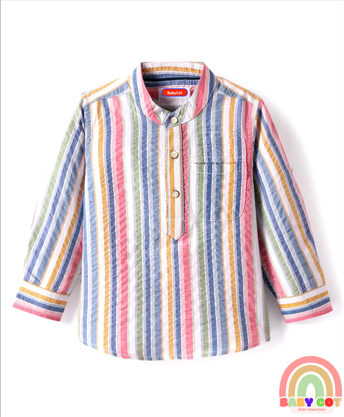 Cotton Woven Full Sleeves Mandarin Collar Shirt with Stripes - White & Pink