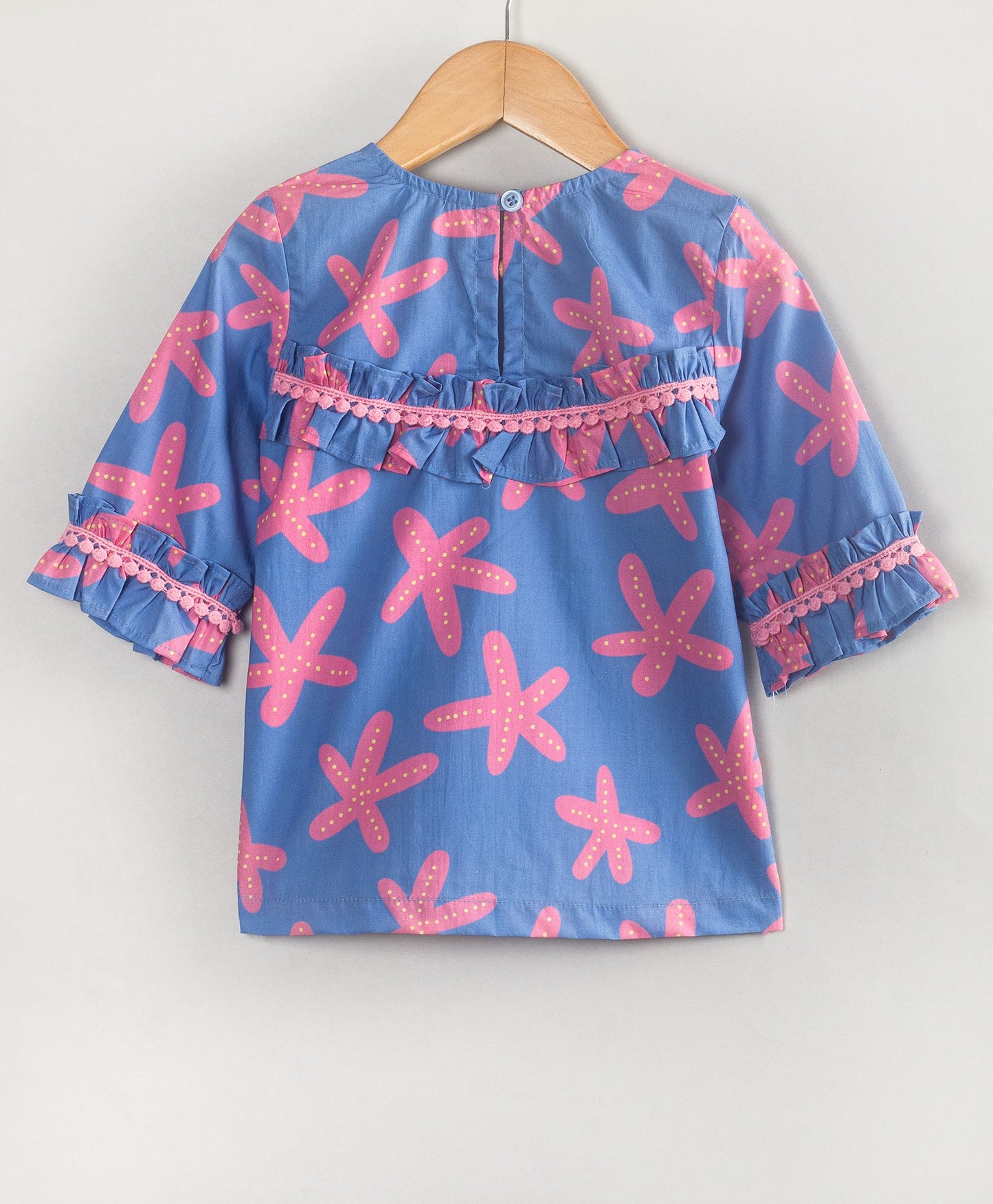 Woven Cotton Three Fourth Sleeves Starfish Printed Lace Embellished Top - Blue