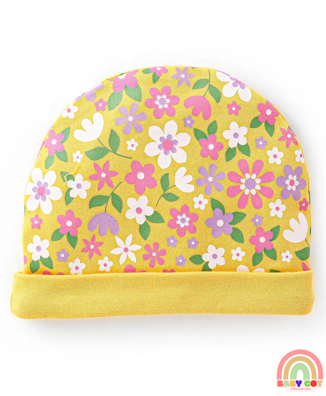 Interlock 100% Cotton Knit Cap Mittens & Booties Set Floral Print - Yellow