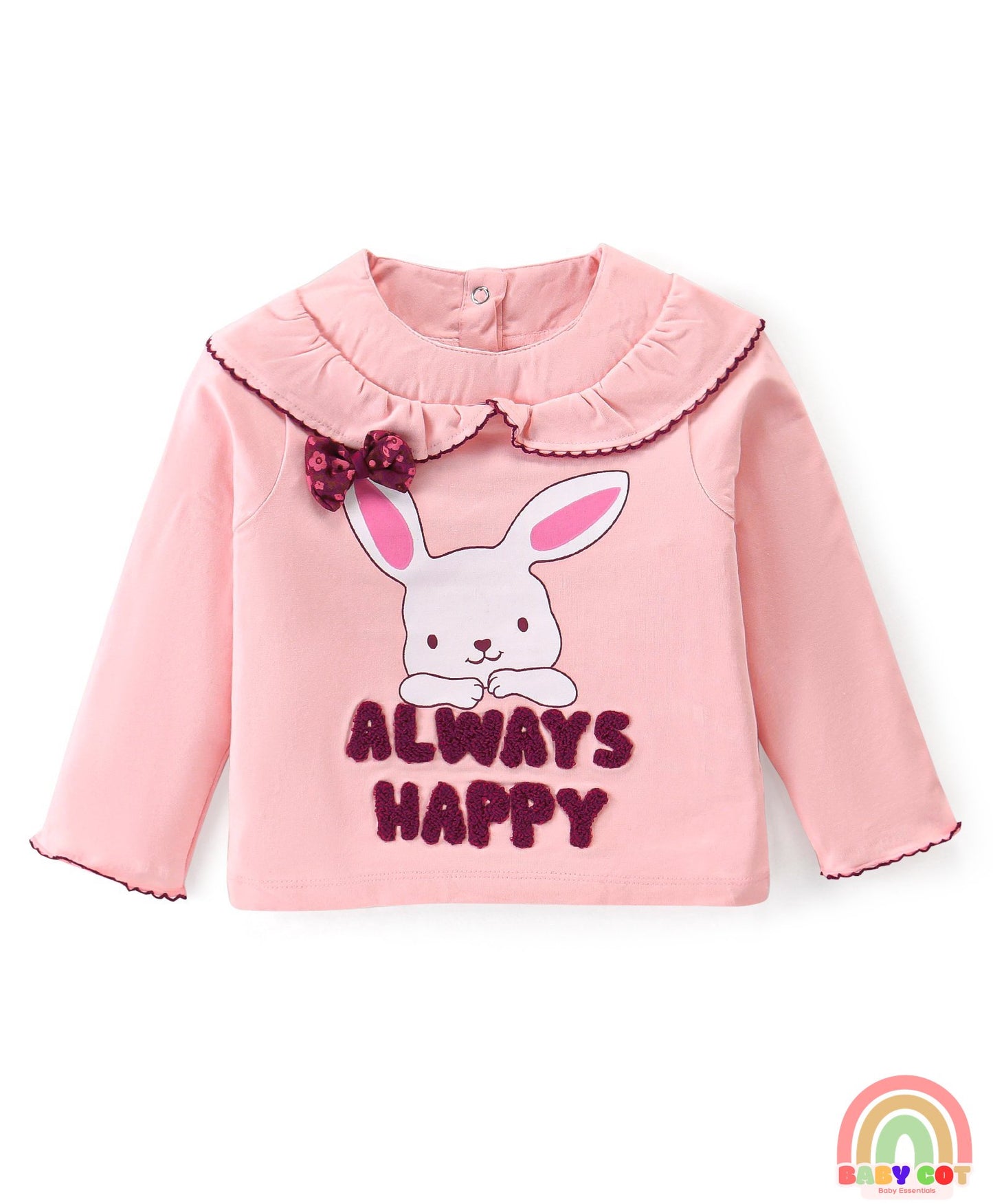 Twill Knit Full Sleeves T-Shirt & Lounge Pants Set With Bunny Print & Text Embroidery - Light Pink & Maroon