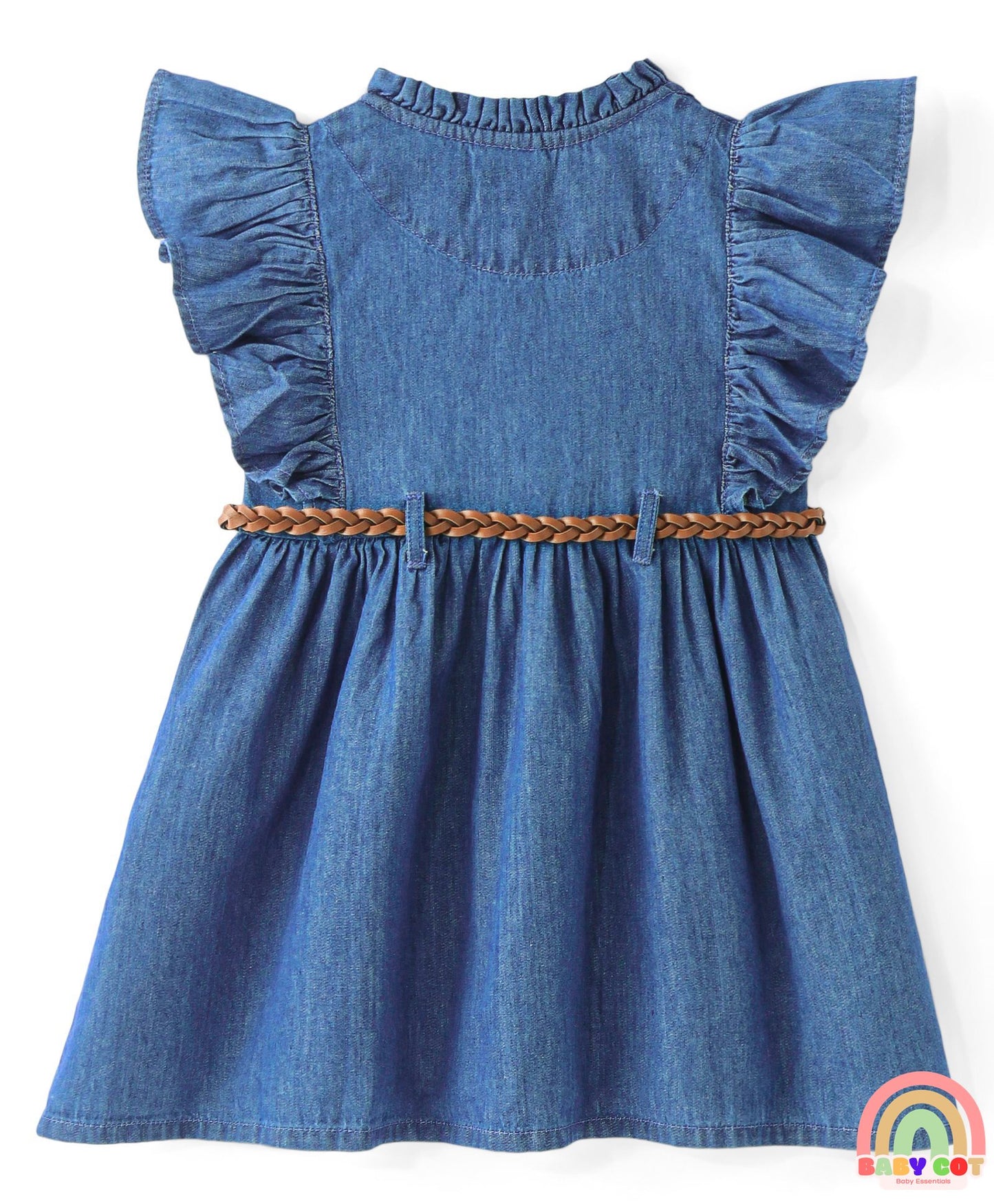 Cotton Woven Frill Sleeves Solid Color Frock With Pintuck Detailing - Blue
