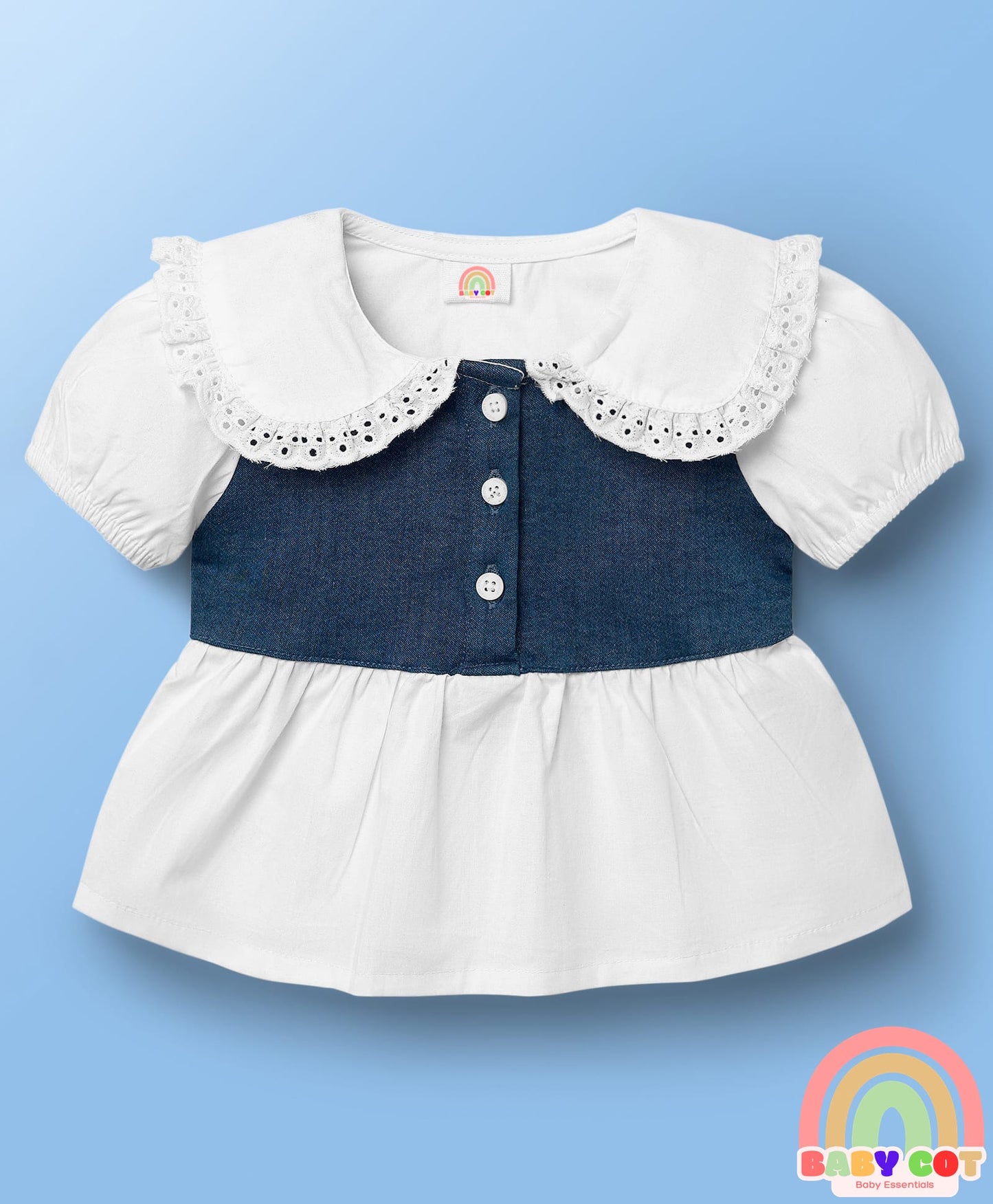 Cotton Elastane Knit Half Sleeves Top & Shorts Set With Schiffli Detailing & Bow Applique - White & Navy Blue