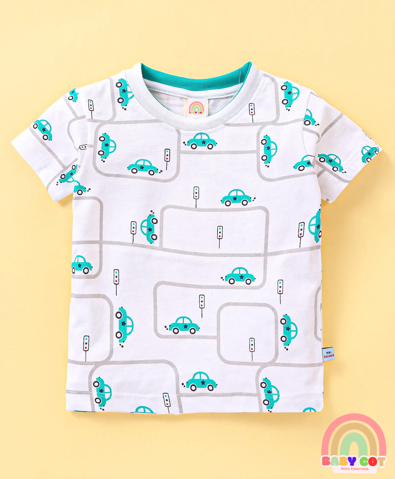 100% Cotton Knit Half Sleeves T-Shirt & Shorts Set with Car Print - Green