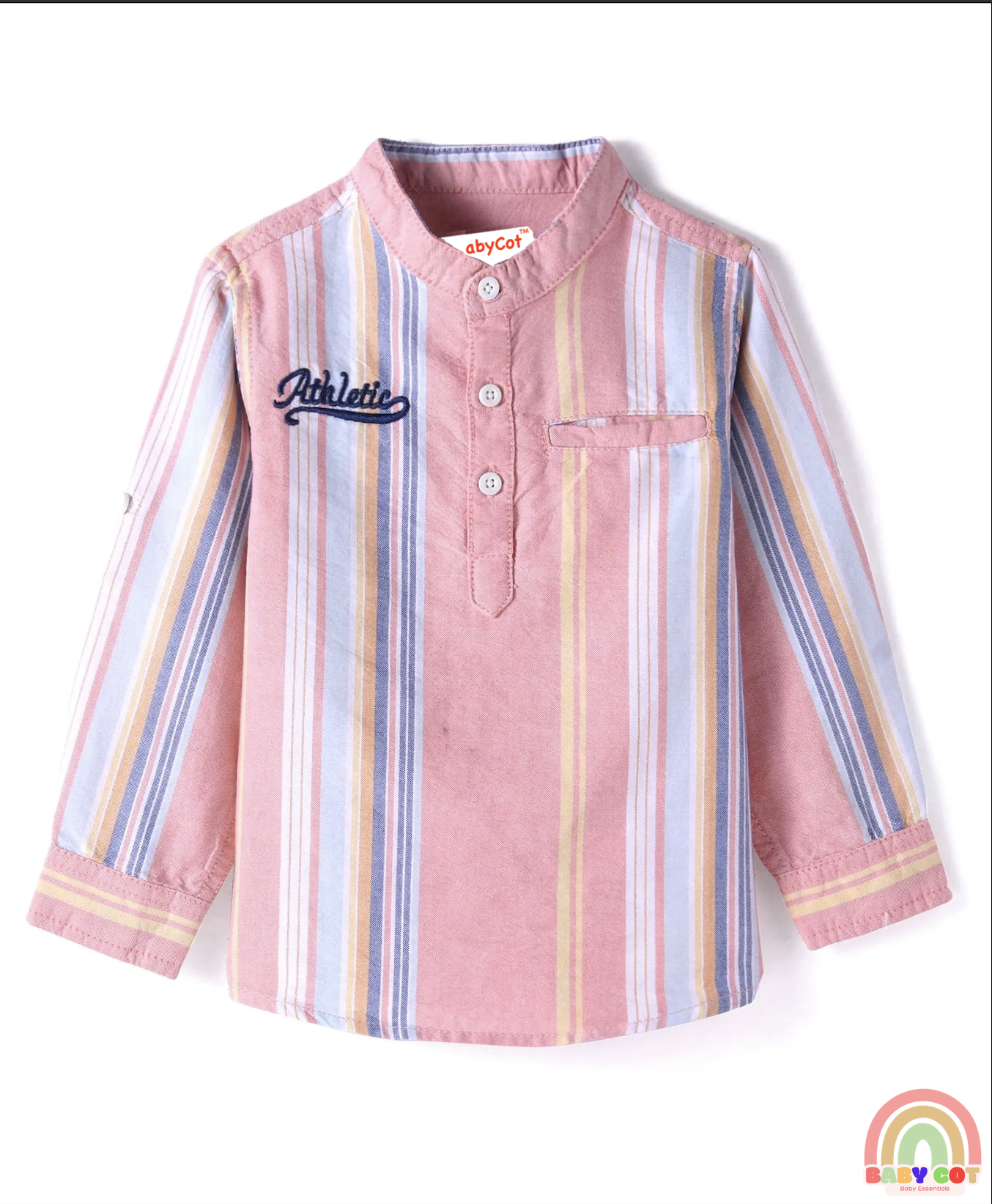 Cotton Woven Full Sleeves Mandarin Collar Stripe Kurta Shirt- Pink