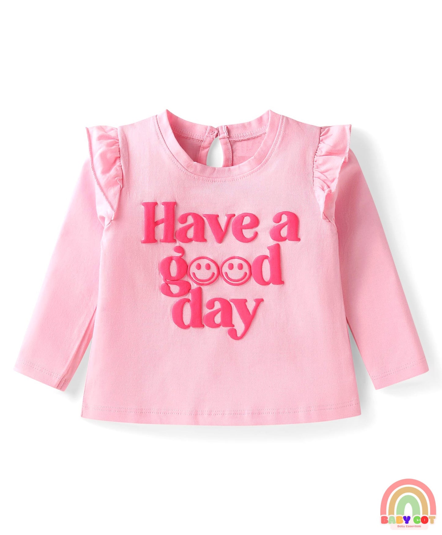 Cotton Knit Full Sleeves Hearts & Text Graphics T-Shirts with Frill Detailing Pack of 3 - Dark Pink