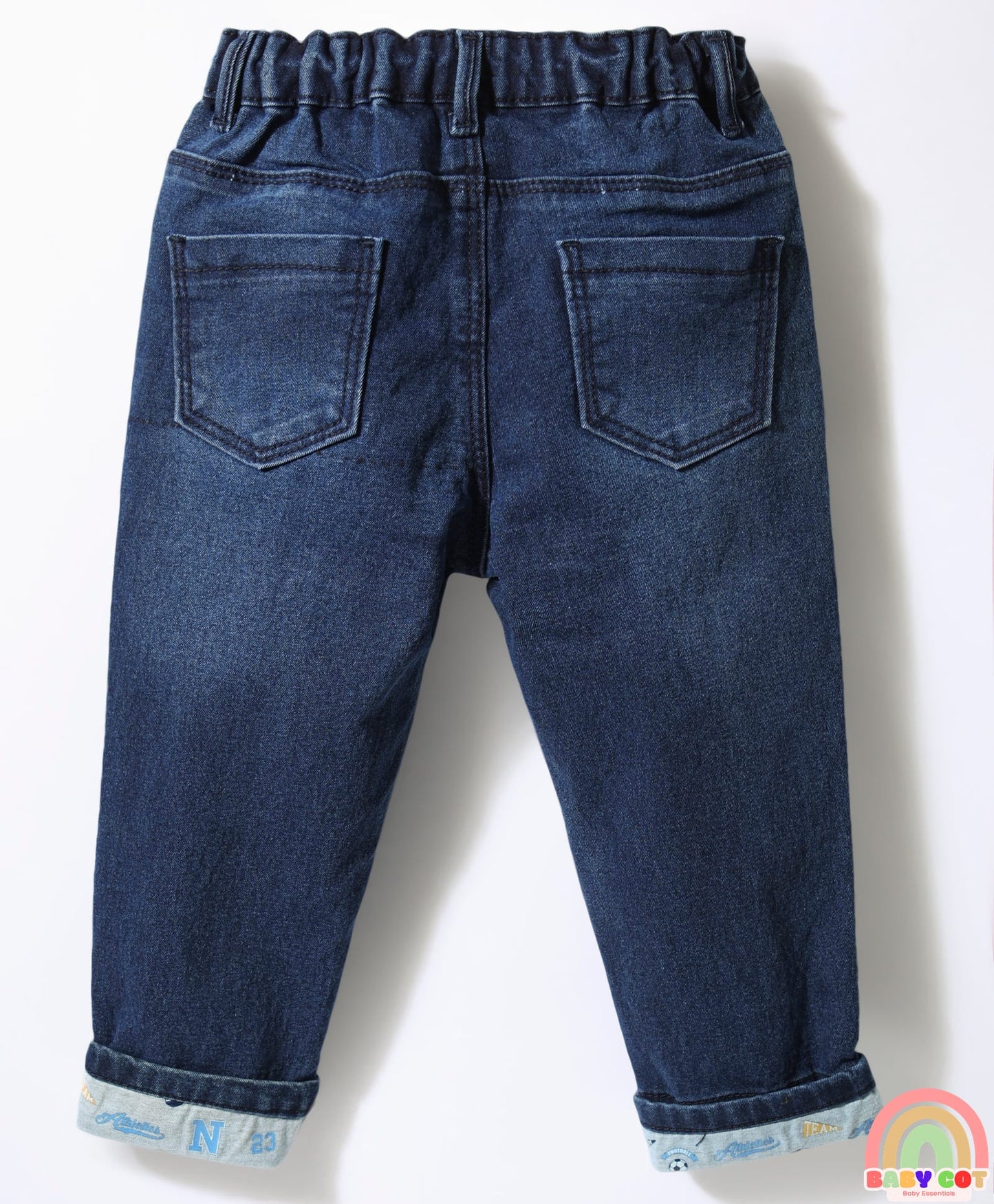 Denim Full Length Jeans With Text Embroidery - Navy Blue