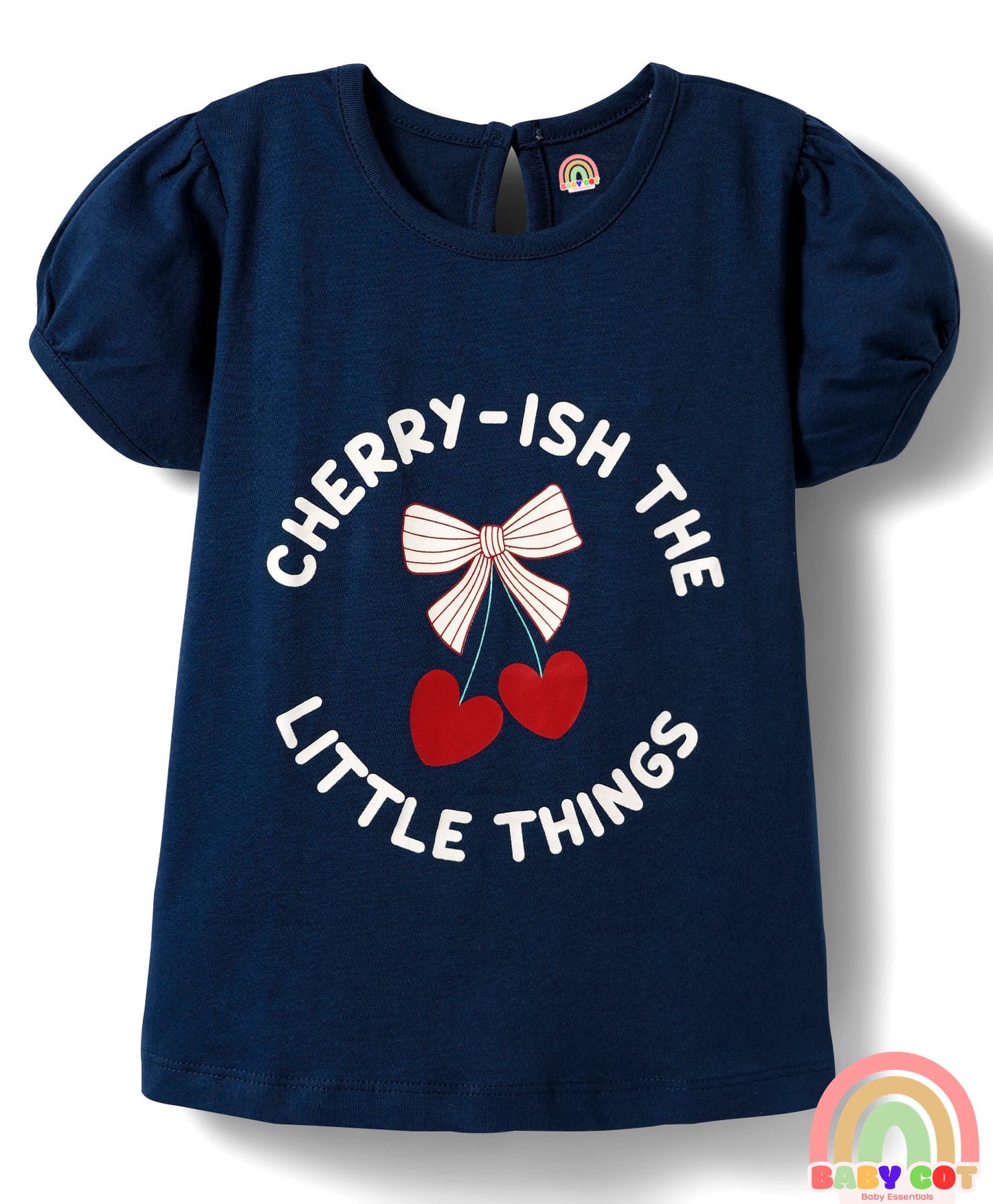 Cotton Knit Half Puffed Sleeves T-Shirts with Bow & Heart Print Pack of 3 - Red White & Navy Blue